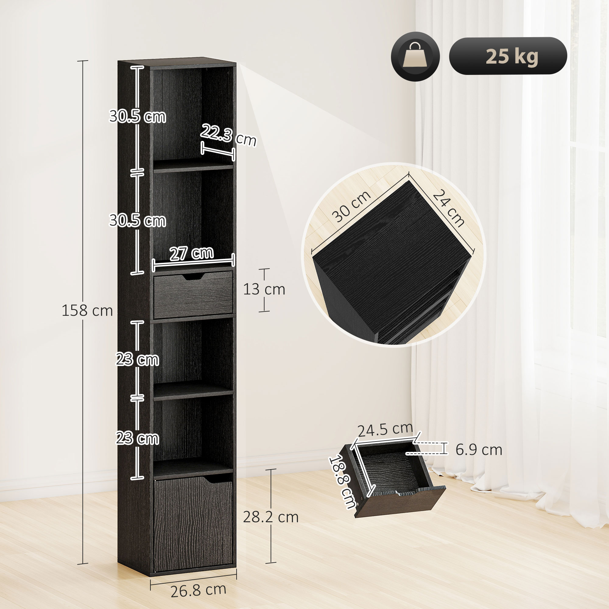 6-Tier Bookcase, Tall Narrow Bookshelf With Drawer And Door - Black — image 3