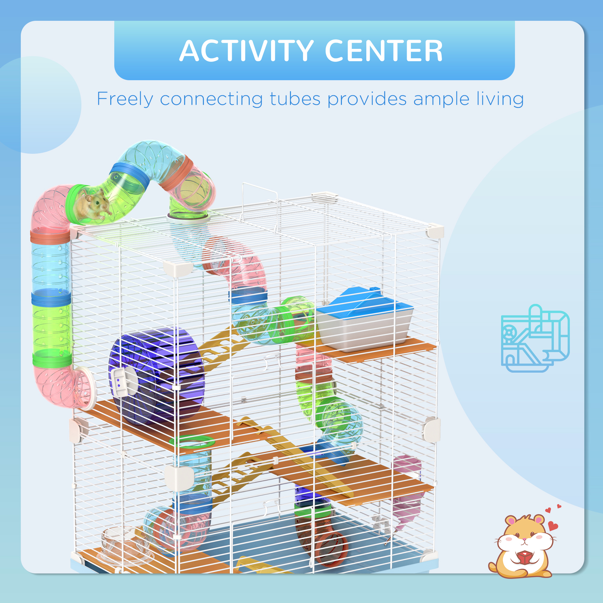  5 Tiers Hamster Cage Portable Animal Travel Carrier w/ Exercise Wheels Tube, Light Blue