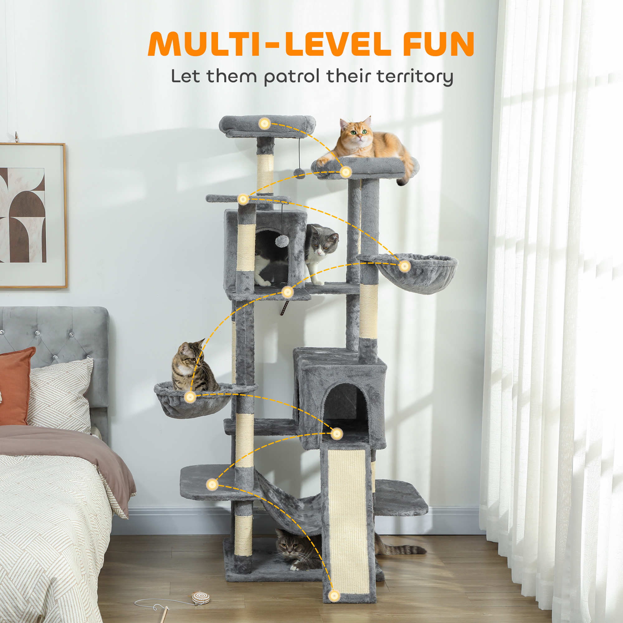  69" Cat Tree, Multi-Level Cat Tower with 2 Condos and 3 Hammocks, 8 Scratching Posts, for Multiple Cats, Dark Gray