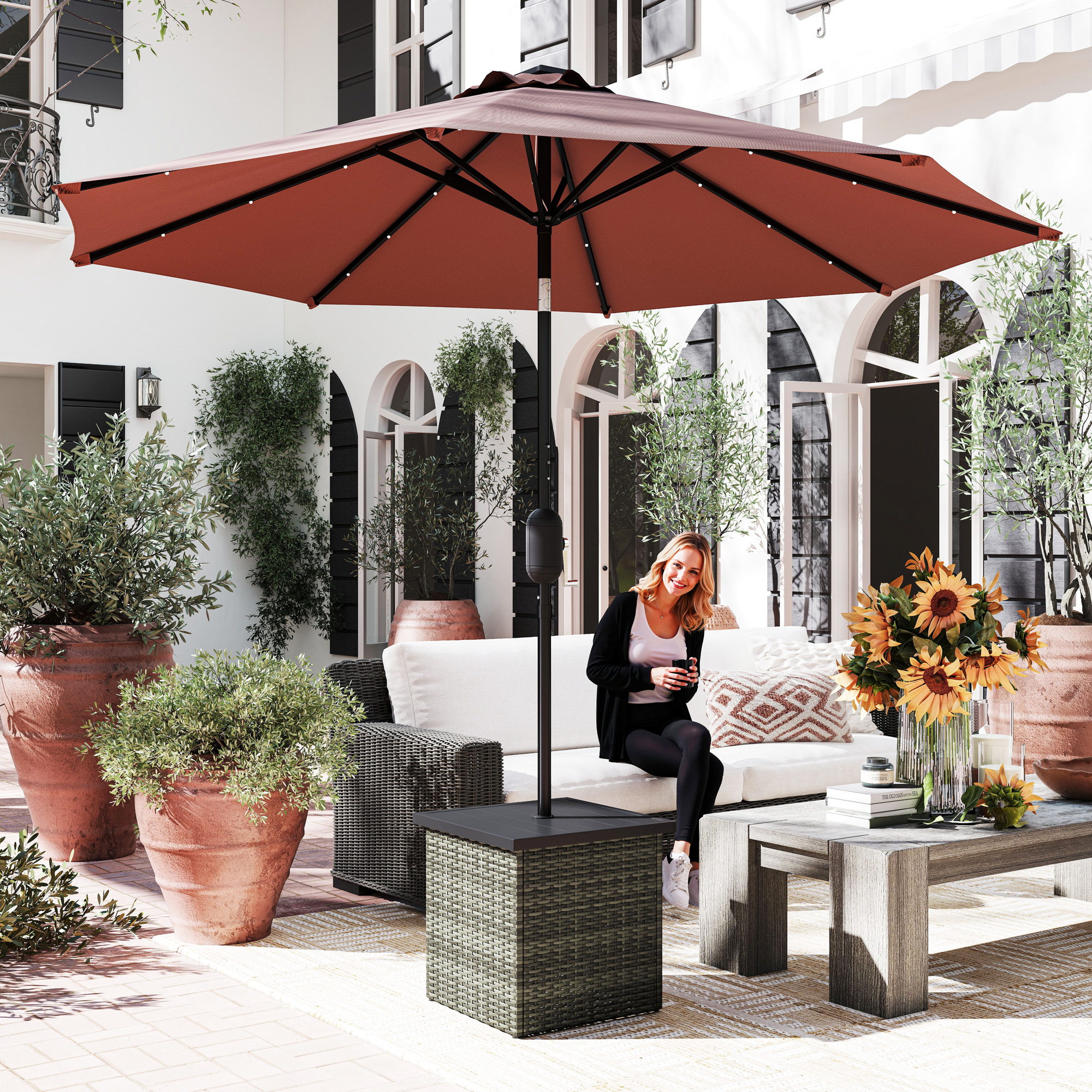  Wicker Side Table with 1.5" Umbrella Hole, Square Outdoor End Table with UV-Resistant Frame, Storage Space, Mixed-Gray