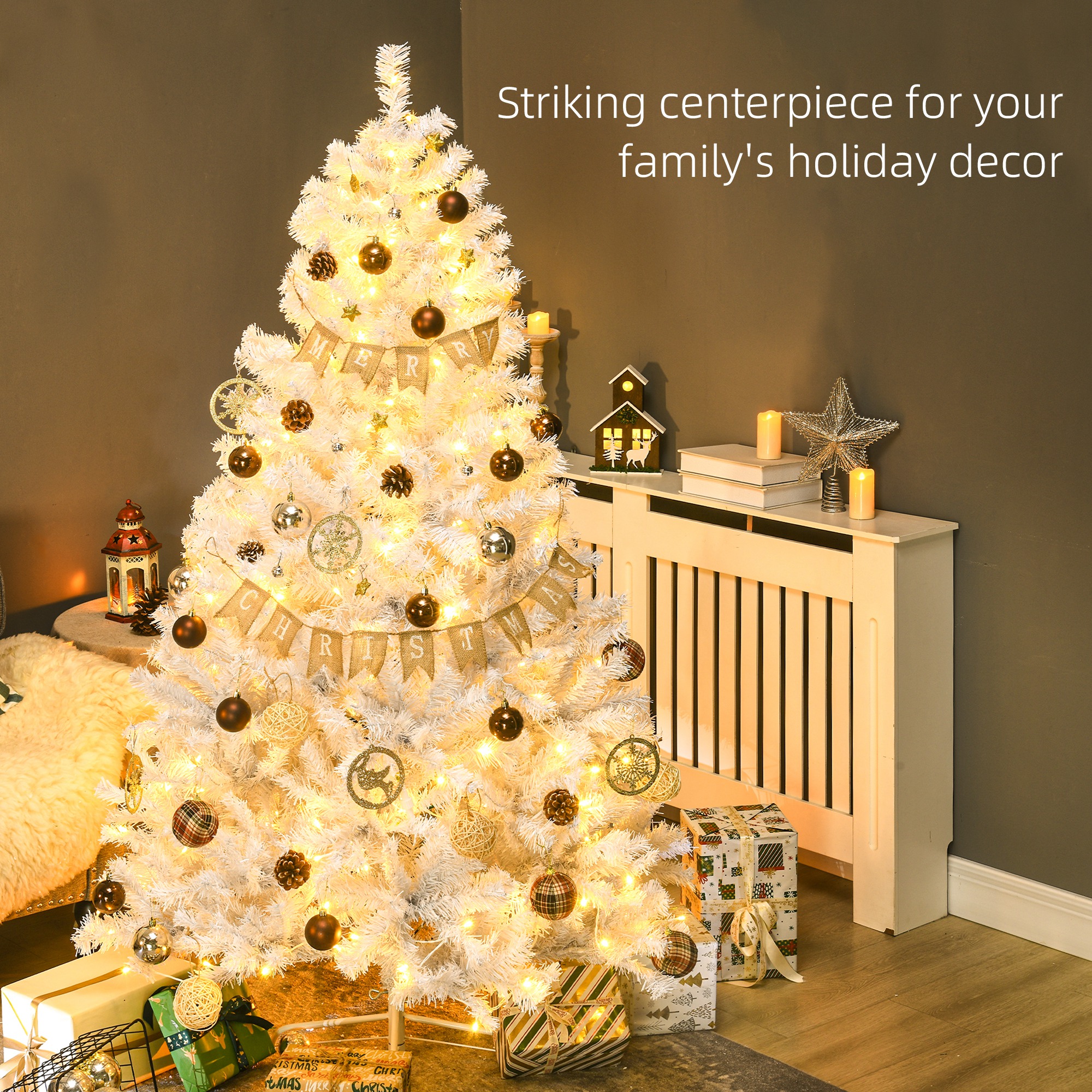  6' Prelit Artificial White Christmas Trees Home Decor, with Warm White LED Lights, Auto Open, Steel Base