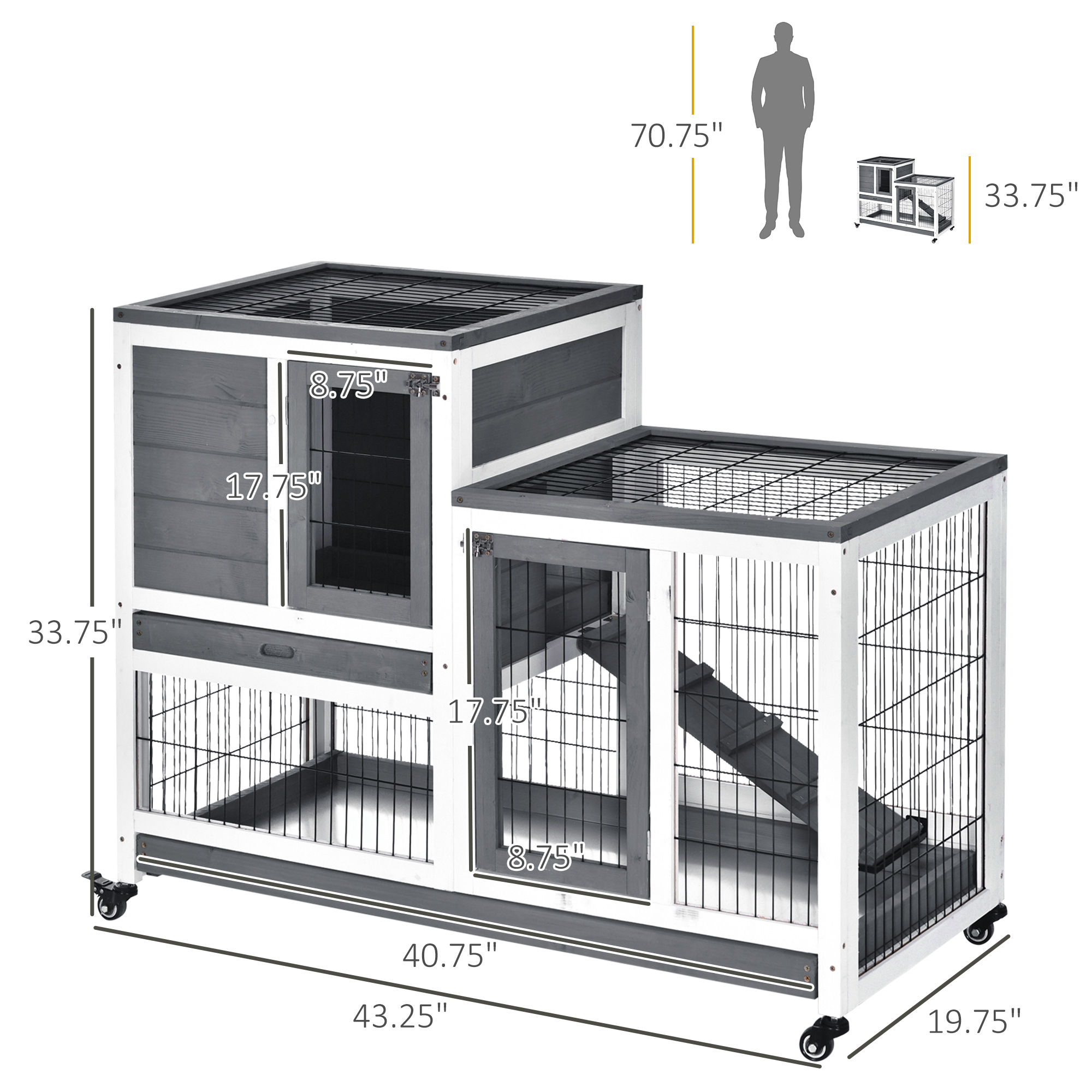  Wooden Rabbit Hutch Elevated Bunny Cage Indoor Small Animal Habitat with Enclosed Run with Wheels, Ramp, Removable Tray for Rabbits, Chickens, Ducks, Guinea Pigs, Gray