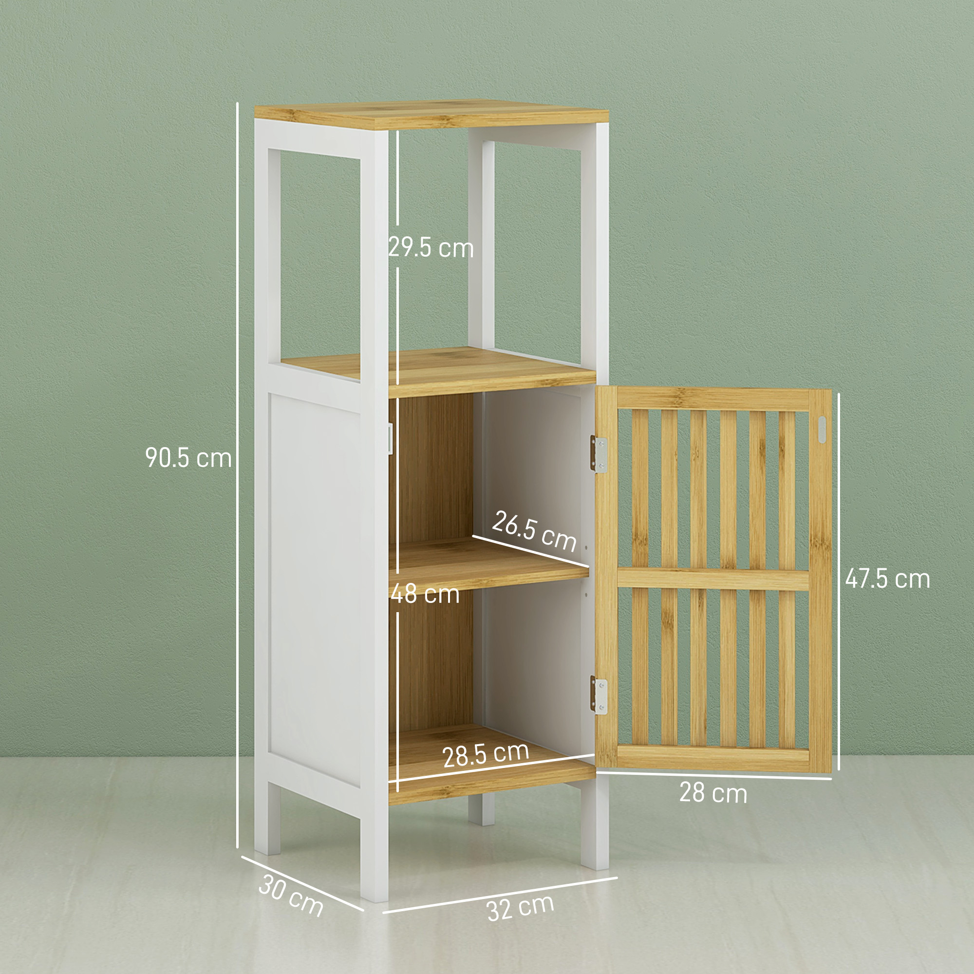 Bamboo-Blend Retro Cut-Out Bathroom Storage Unit, With Cupboard