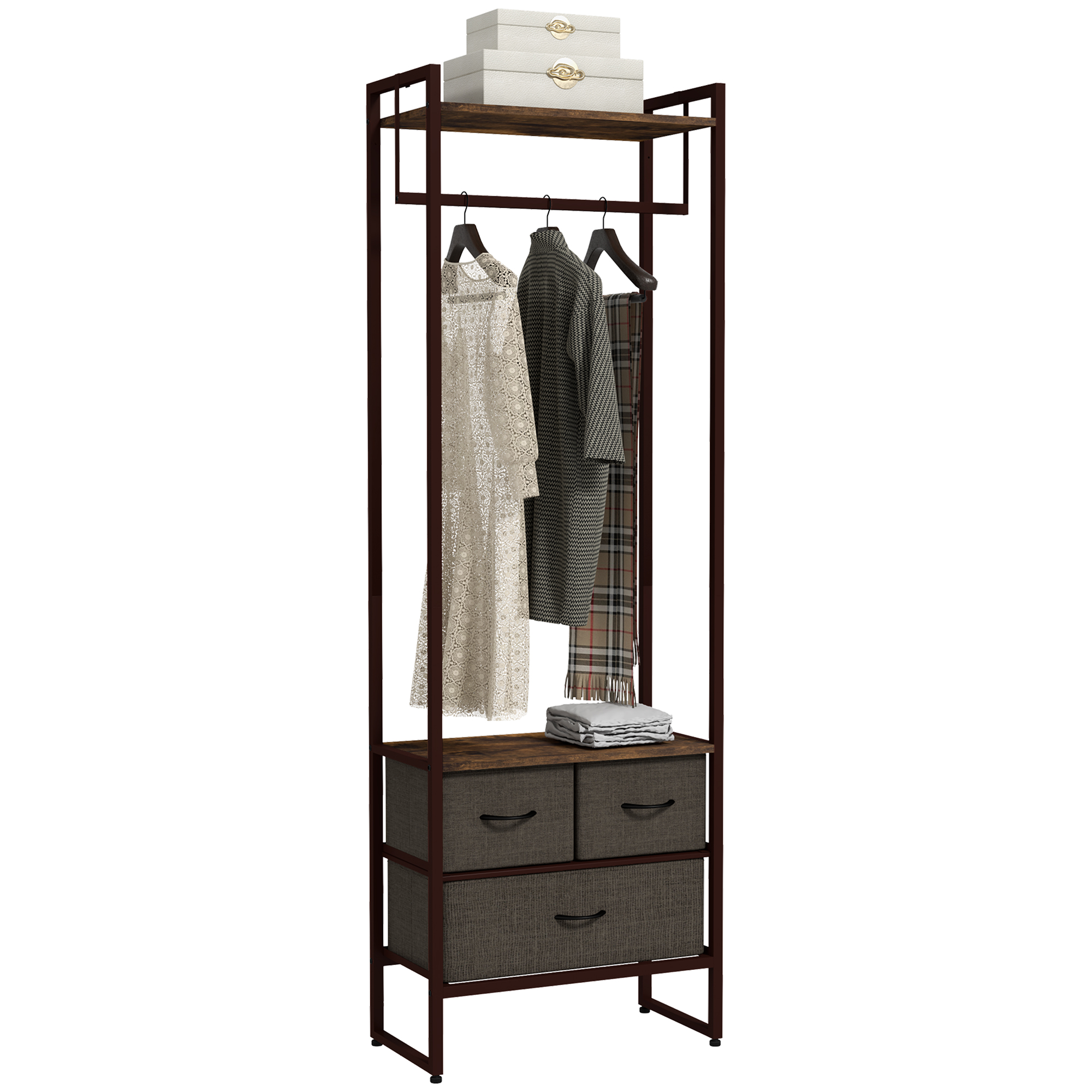 Industrial clothes rail with hanging section, three fabric drawers and a top shelf in espresso brown