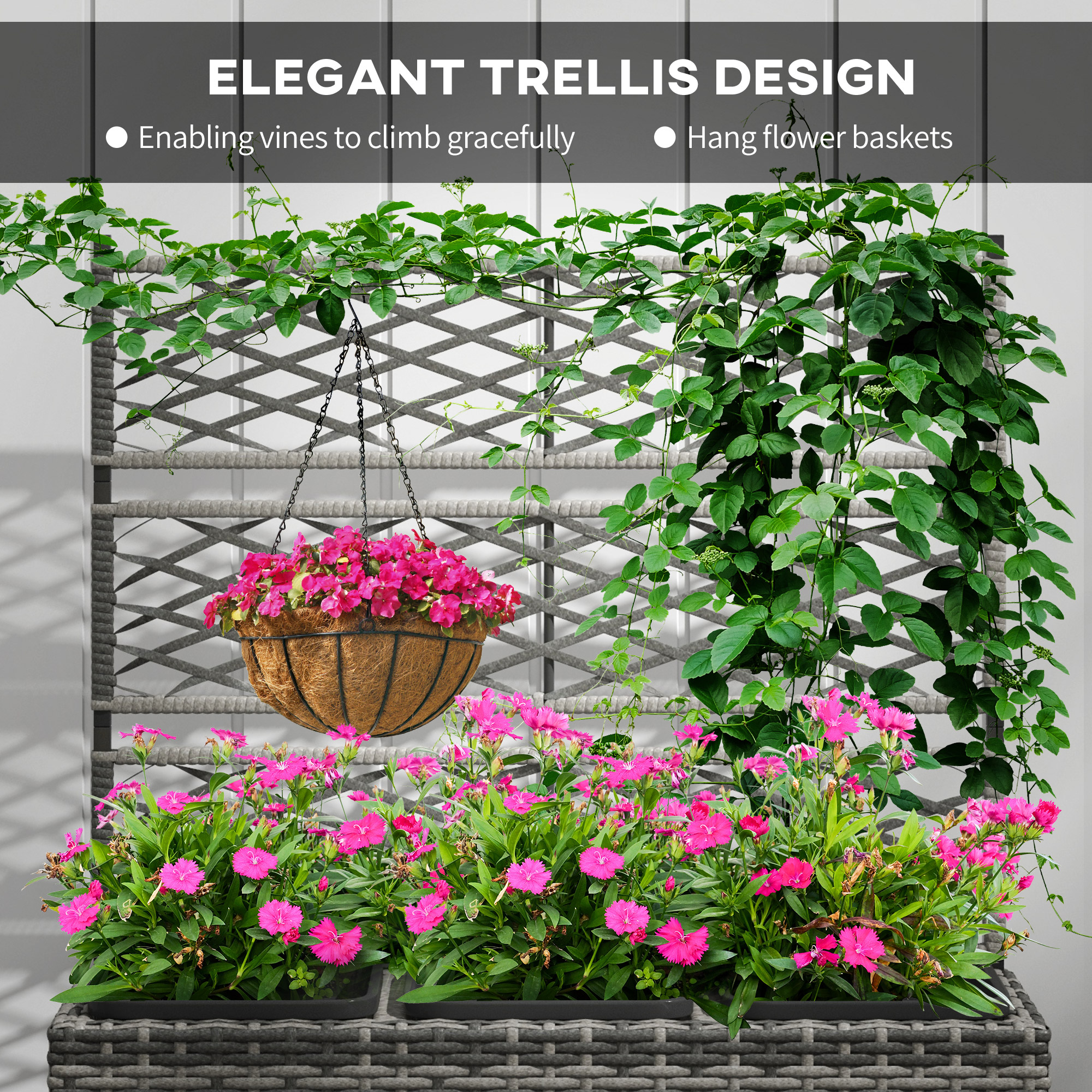 SoilCommander rattan trellis planter showing three individual planting boxes and galvanized steel frame