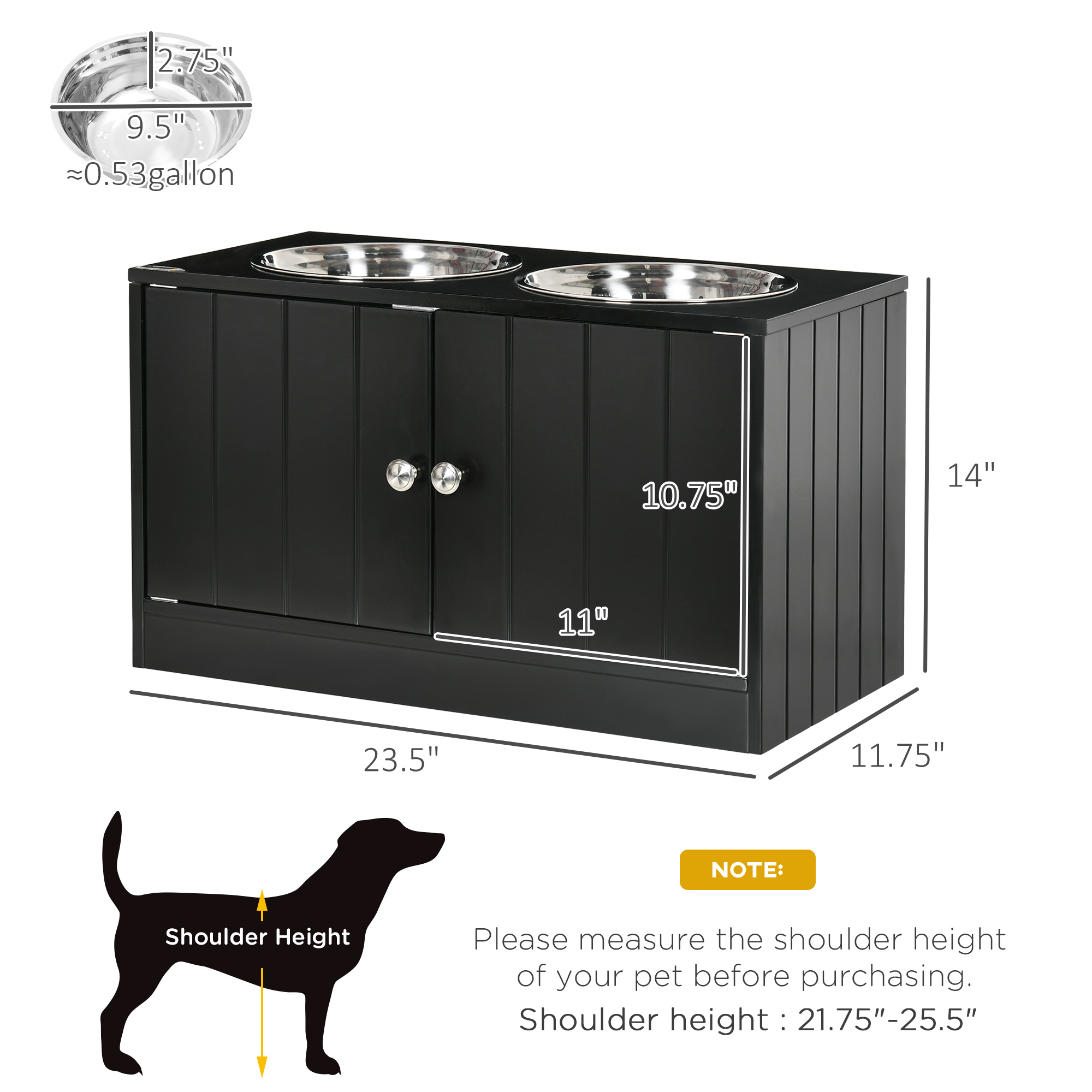  Large Elevated Dog Bowls with Storage Cabinet Containing Large 44L Capacity, Raised Dog Bowl Stand Pet Food Bowl Pet Feeding Station, Black