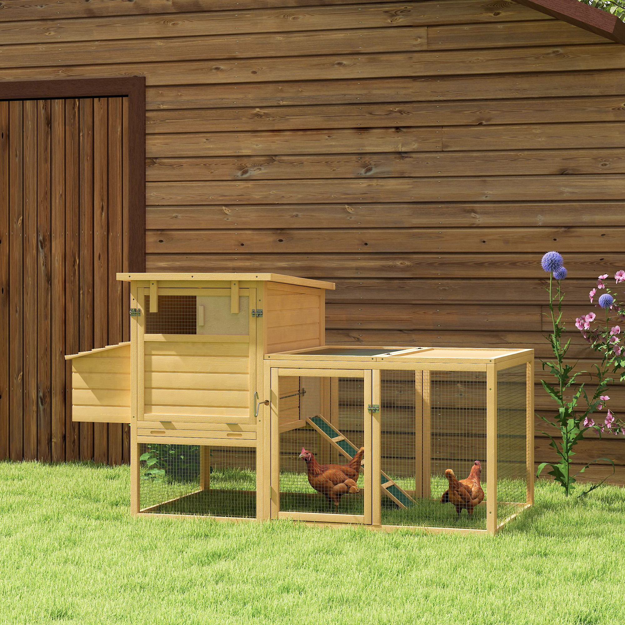  75" Wooden Chicken Coop with Nesting Box, Removable Tray, Ramp Run, for Garden Backyard, Natural Wood