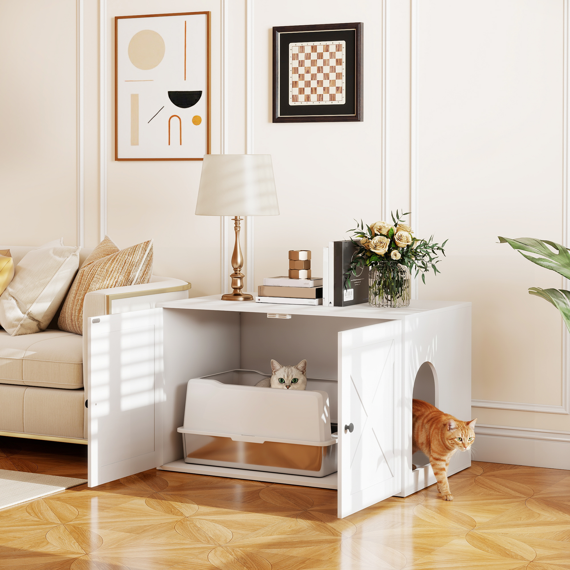 บ้านแมวปิดมิดชิด พร้อมประตูบานเลื่อน ขนาด 31.5" x 21" x 20" สีขาว สำหรับใส่ทรายแมว ลดกลิ่นและเพิ่มความเป็นระเบียบ