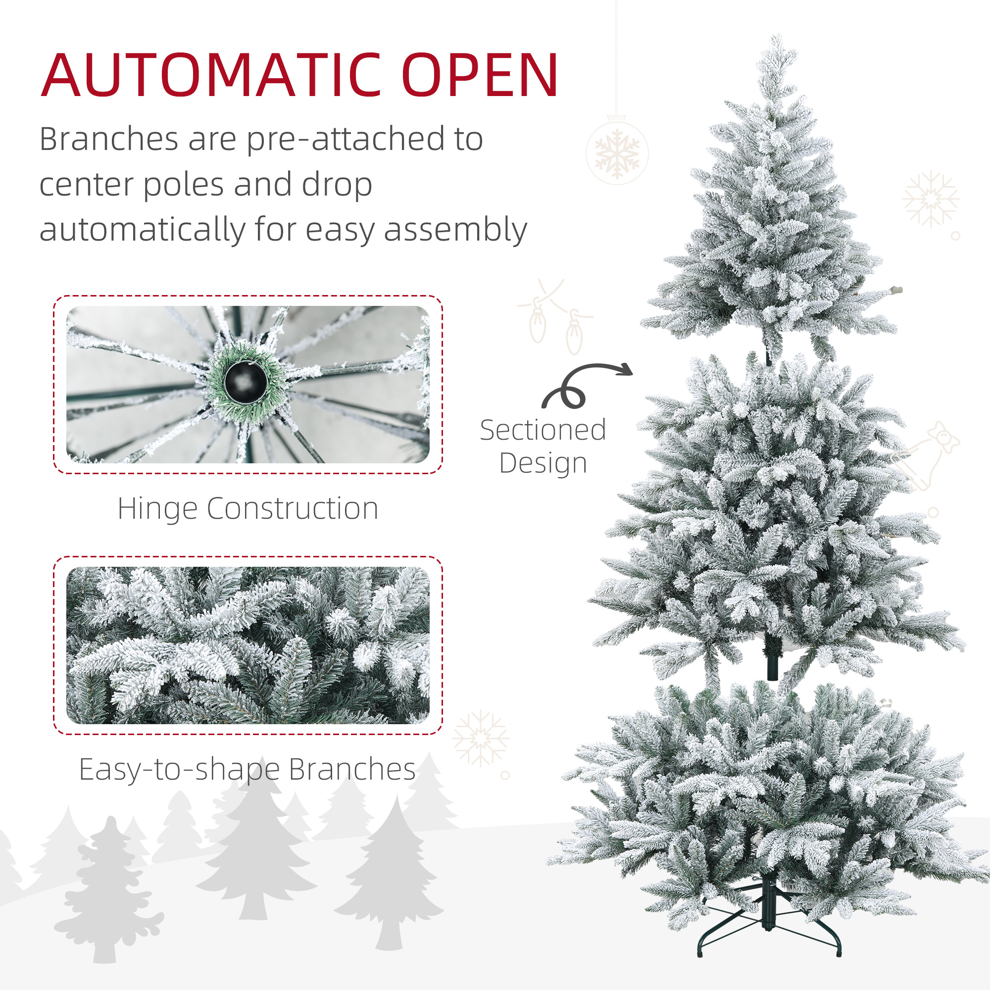  7ft Artificial Flocked Christmas Tree with Snow Tips, Easy Assembly, Hinged Xmas Tree for Home Office Holiday