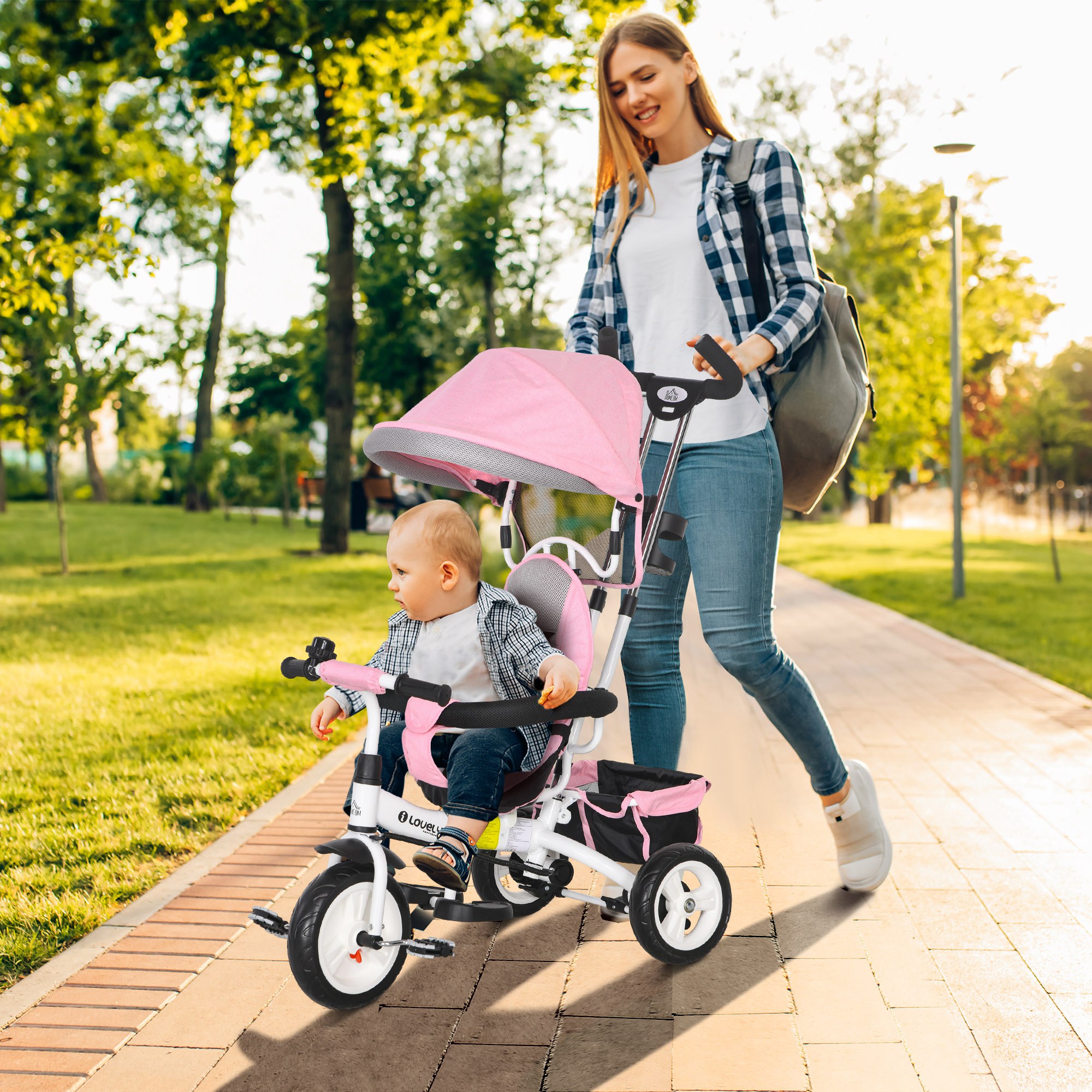 6 In 1 Kids Trike Push Bike W Handle, Canopy, 5-point Safety Belt, Storage