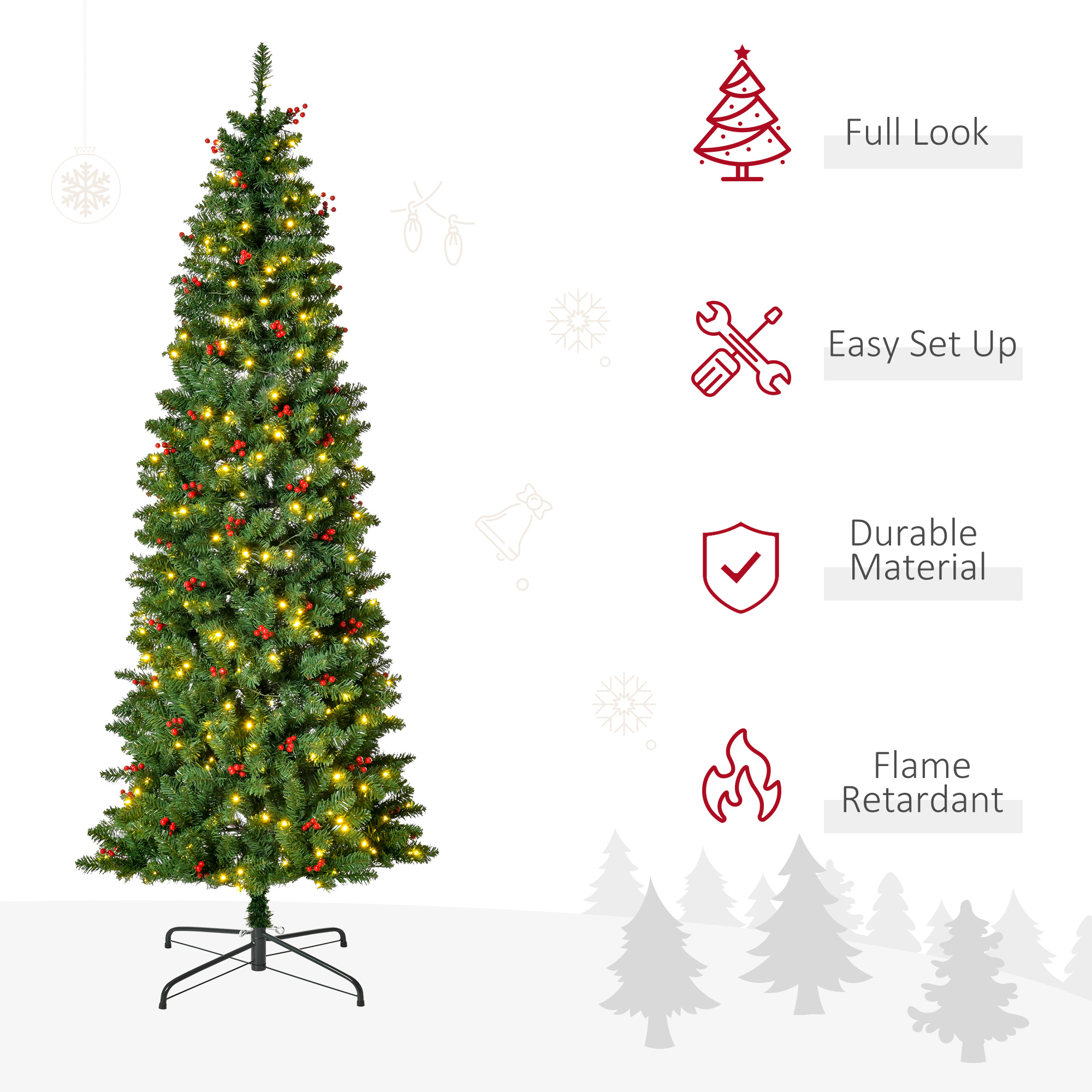 7FT Prelit Artificial Pencil Christmas Tree With Warm White LED Light, Red — image 5