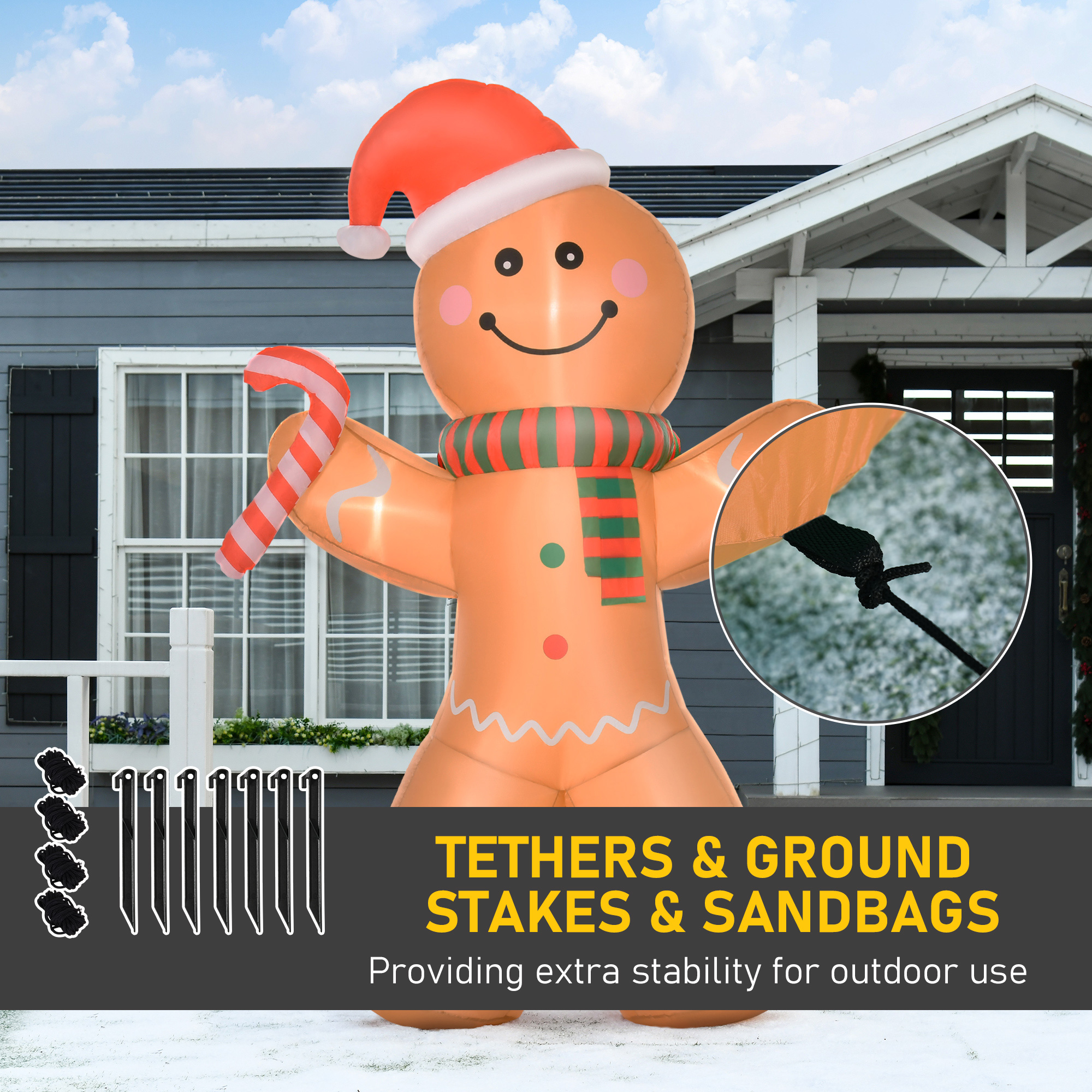  8ft Christmas Inflatable Gingerbread Man with a Candy Cane, Outdoor Blow-Up Yard Decoration with LED Lights Display