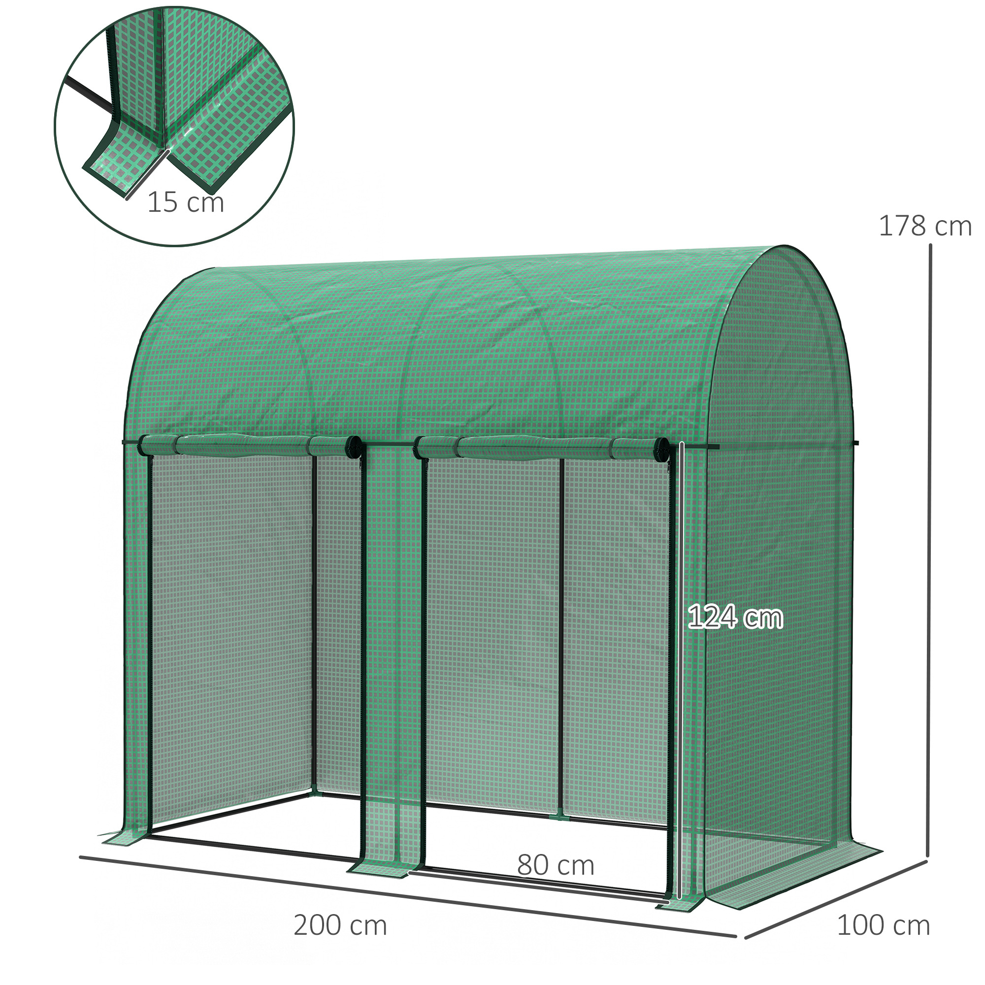 200 X 100cm Walk-In Greenhouse, With Zipped Doors - Green — image 3