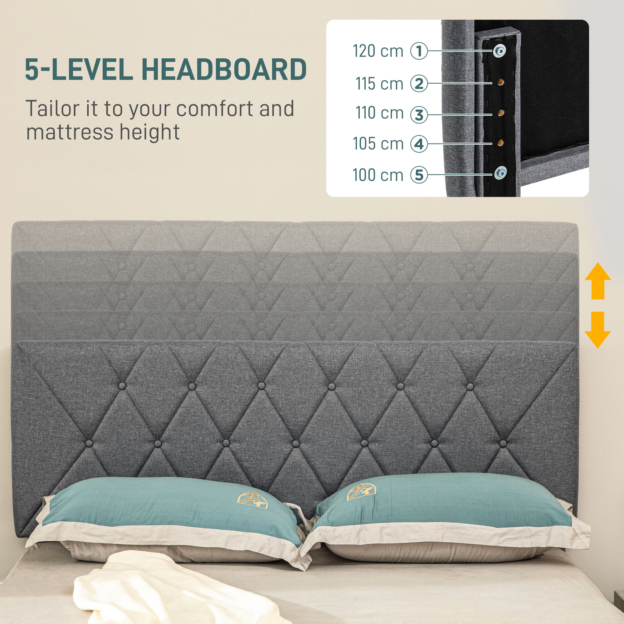 Double Bed Frame With 5-Level Adjustable Linen Upholstered Headboard 145W X — image 2