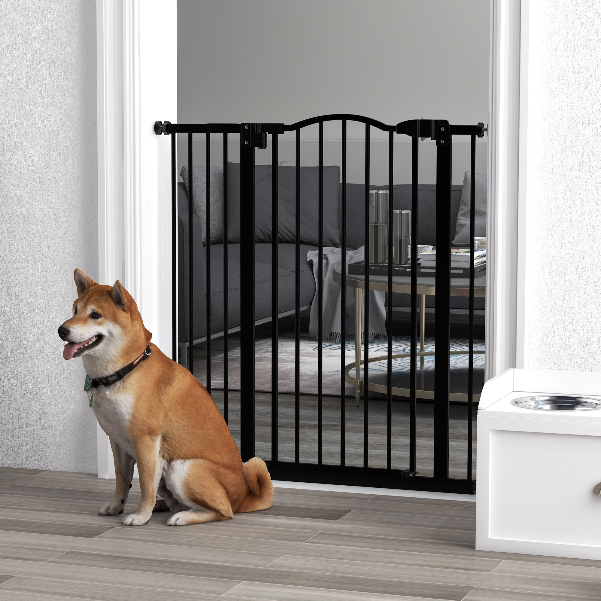 PawHut Pressure Fit Dog Stair Gate No Drilling Safety Gate Auto Close For Doorways, Hallways, 74-94cm Adjustable, 94cm Tall, Black
