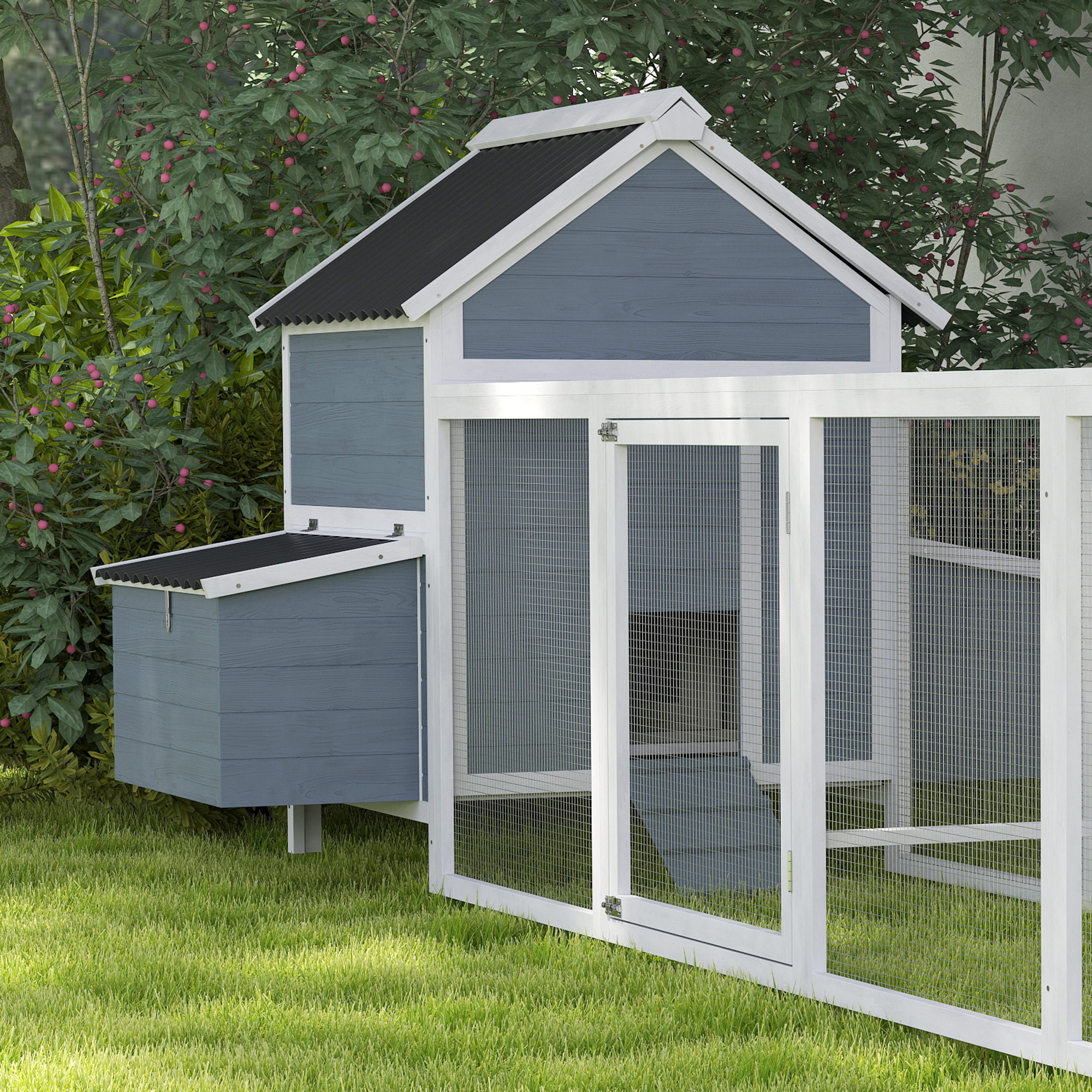  156" Extra Large Wooden Chicken Coop with 2 Nesting Box, Run Cage, Waterproof Wave Roof, for 10-15 Chickens, Light Gray