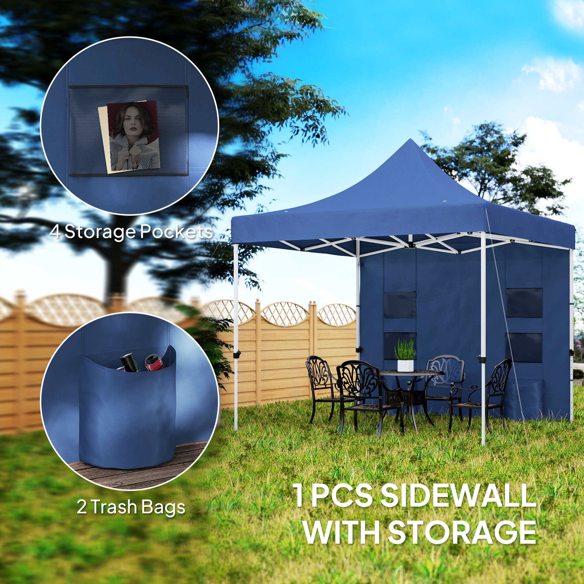 10′ x 10′ Heavy Duty Pop Up Canopy Tent with Sidewall, UPF50+ Instant Sun Shelter with Storage Pockets, Dark Blue