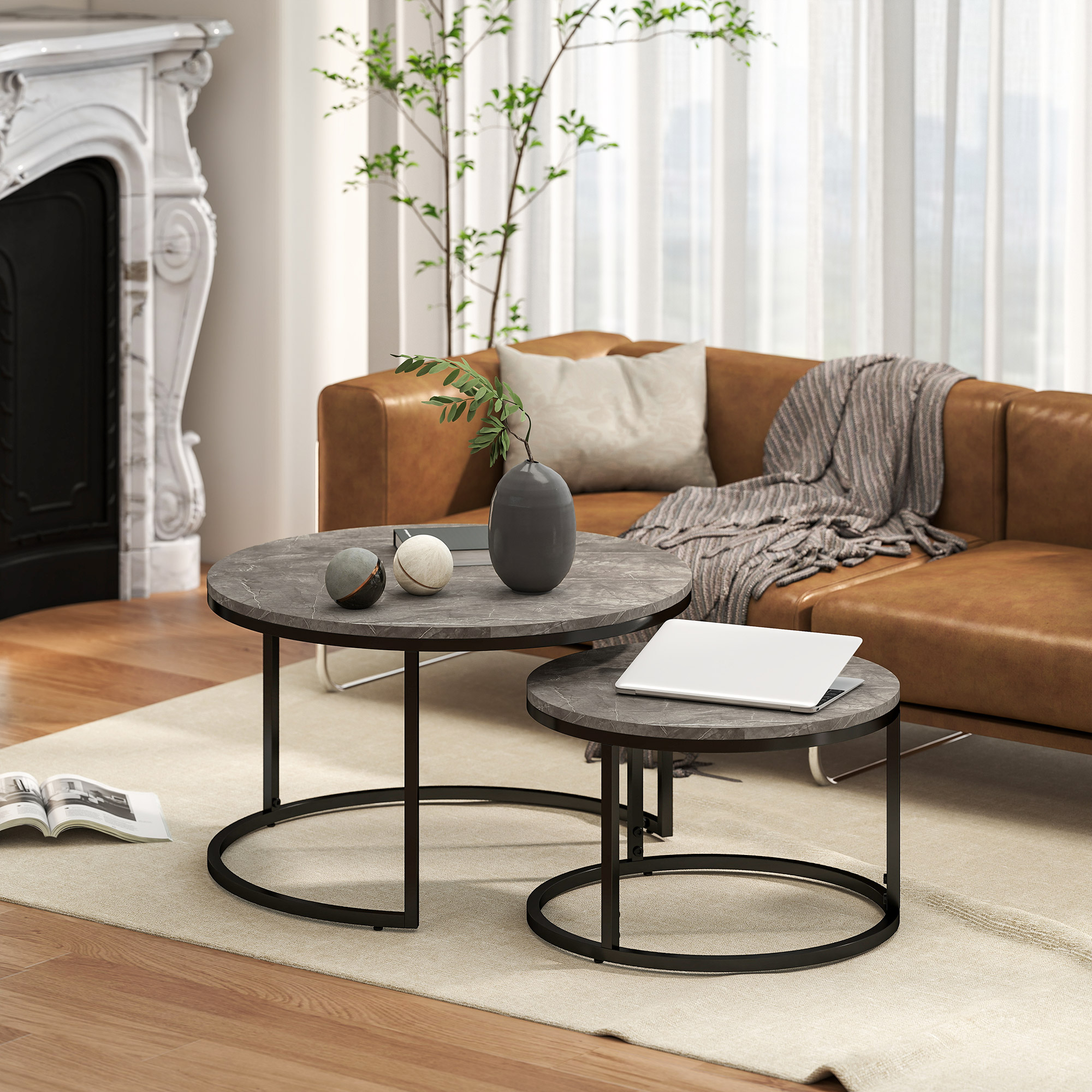 Industrial Nesting Coffee Table Set Of 2, Round Tables, Living Room With Faux — image 4