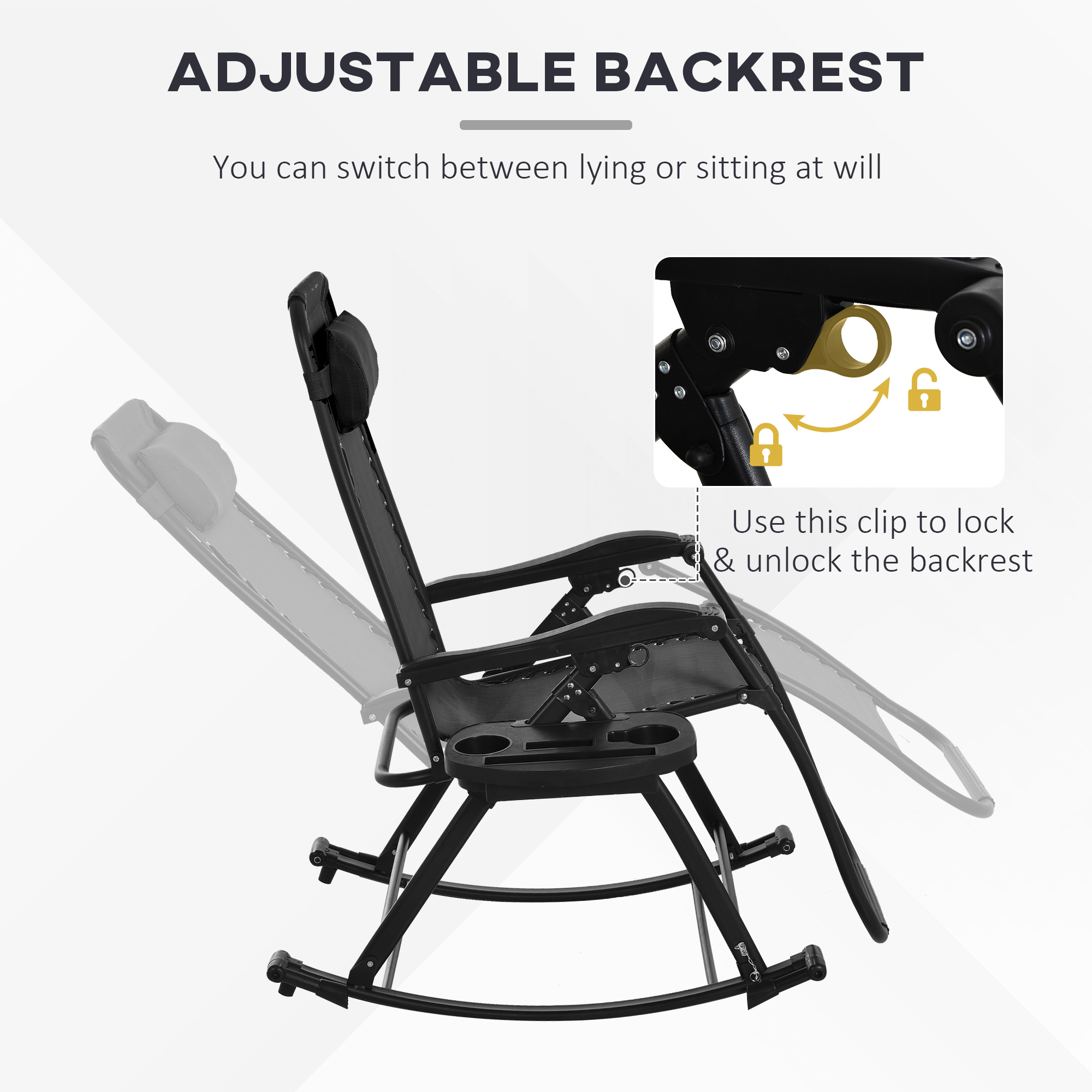  2 Outdoor Rocking Chairs Foldable Reclining Zero Gravity Lounge Rockers w/ Pillow Cup & Phone Holder, Black