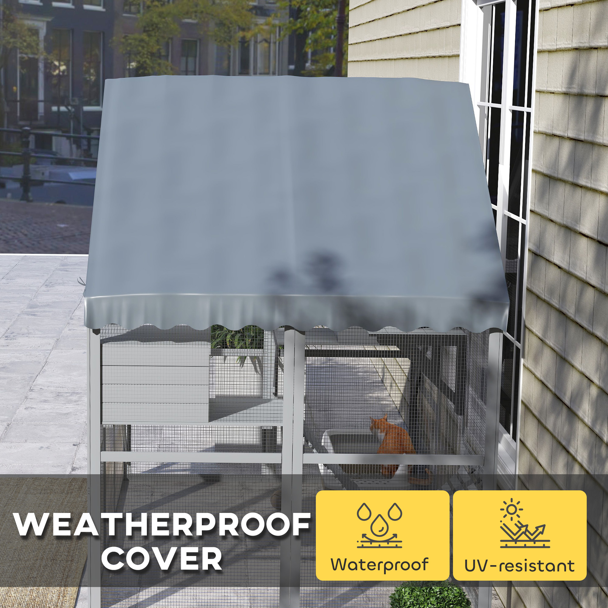  Wooden Catio Outdoor Cat Enclosure with Waterproof Cover, 2 Condos, 4 Platforms, Bridge, Doors, Gray