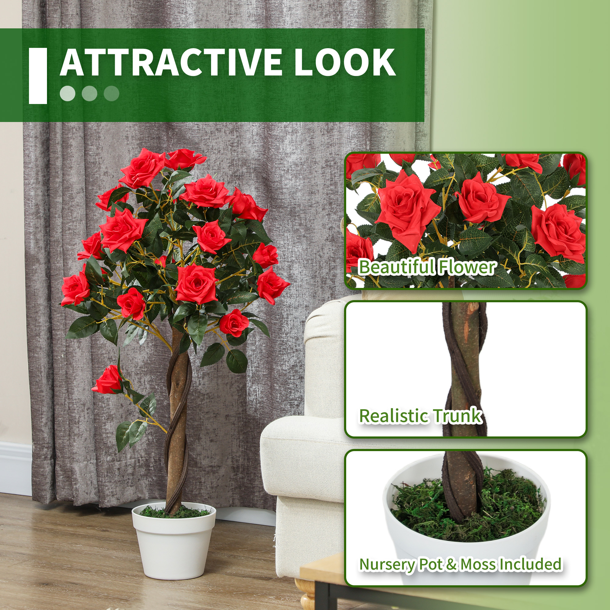 Set Of 2 Artificial Plants White Rose Floral In Pot, Fake For Home Indoor — image 2