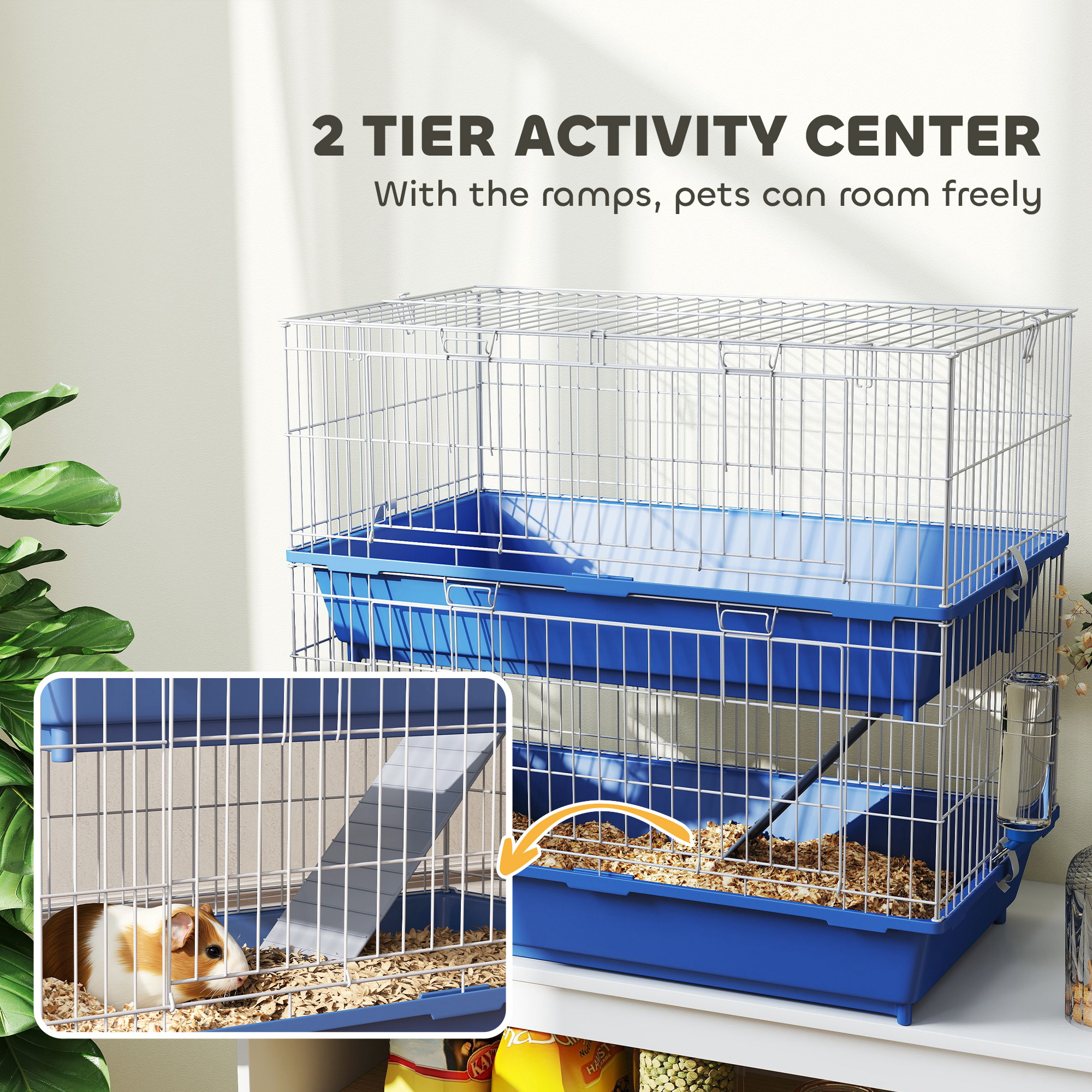  2-Tier Guinea Pig Cage, Ferret Cage, Chinchilla Cage, Small Animal Cage Indoor with Dish and Bottle, 2 Doors, Deep Bottoms, Ramp, 28", Blue