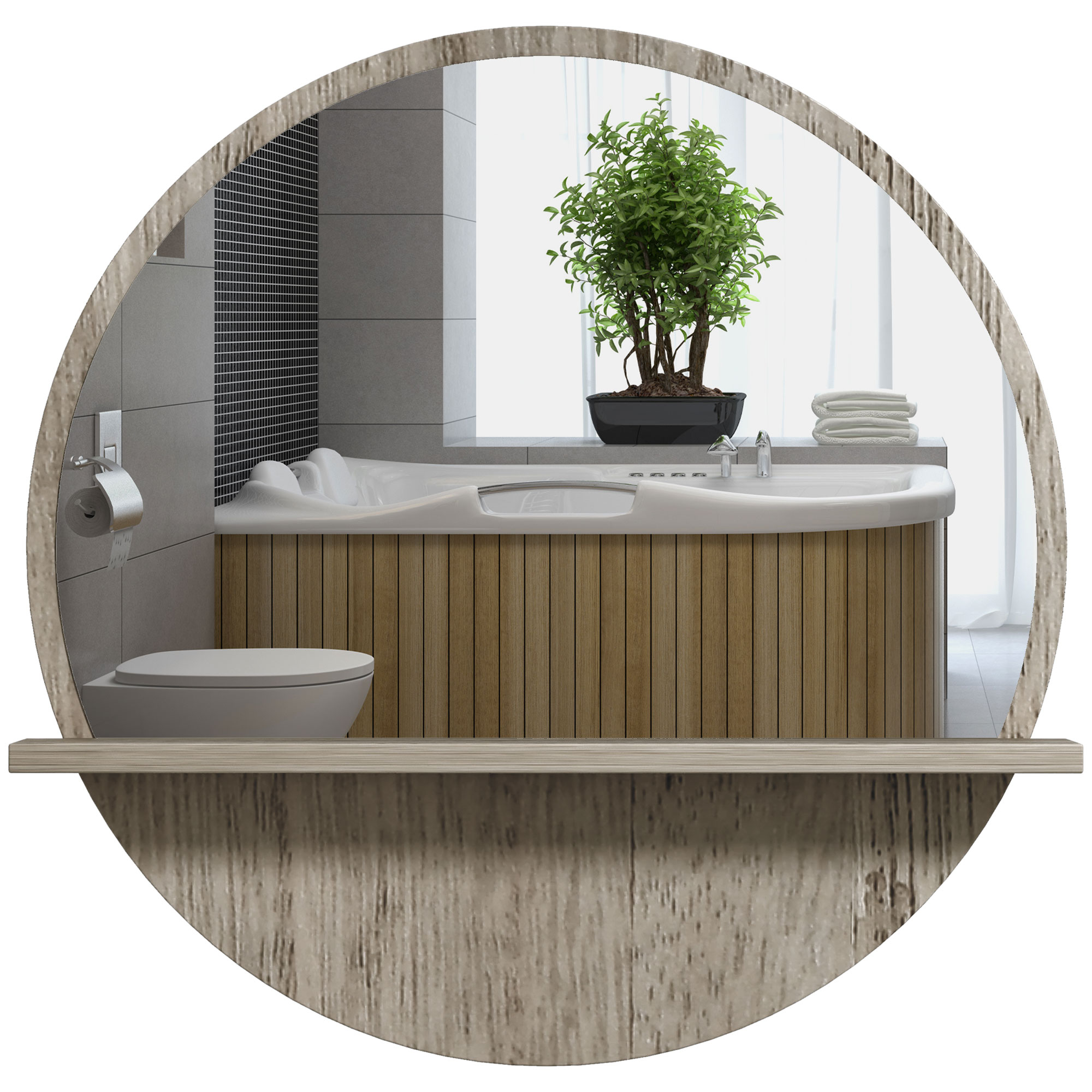 45 centimetre round mirror with grey wood-effect frame and small lower display shelf