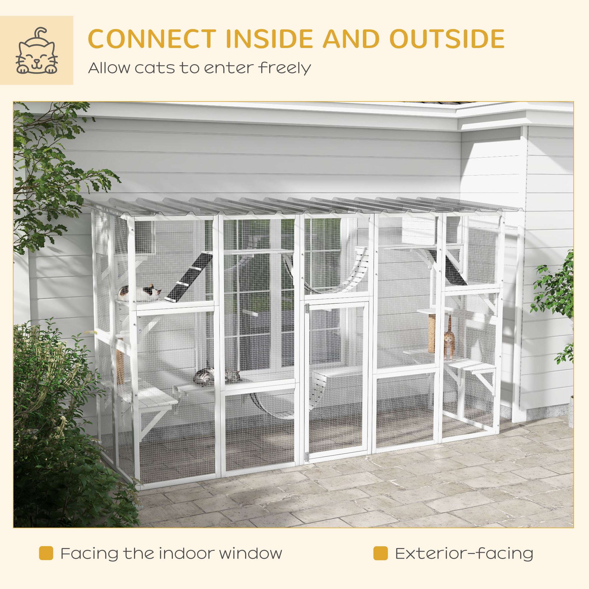  Cat Window Box , Large Catio with Shelves & Bridges, Outside Enclosure for Multiple Cats, White