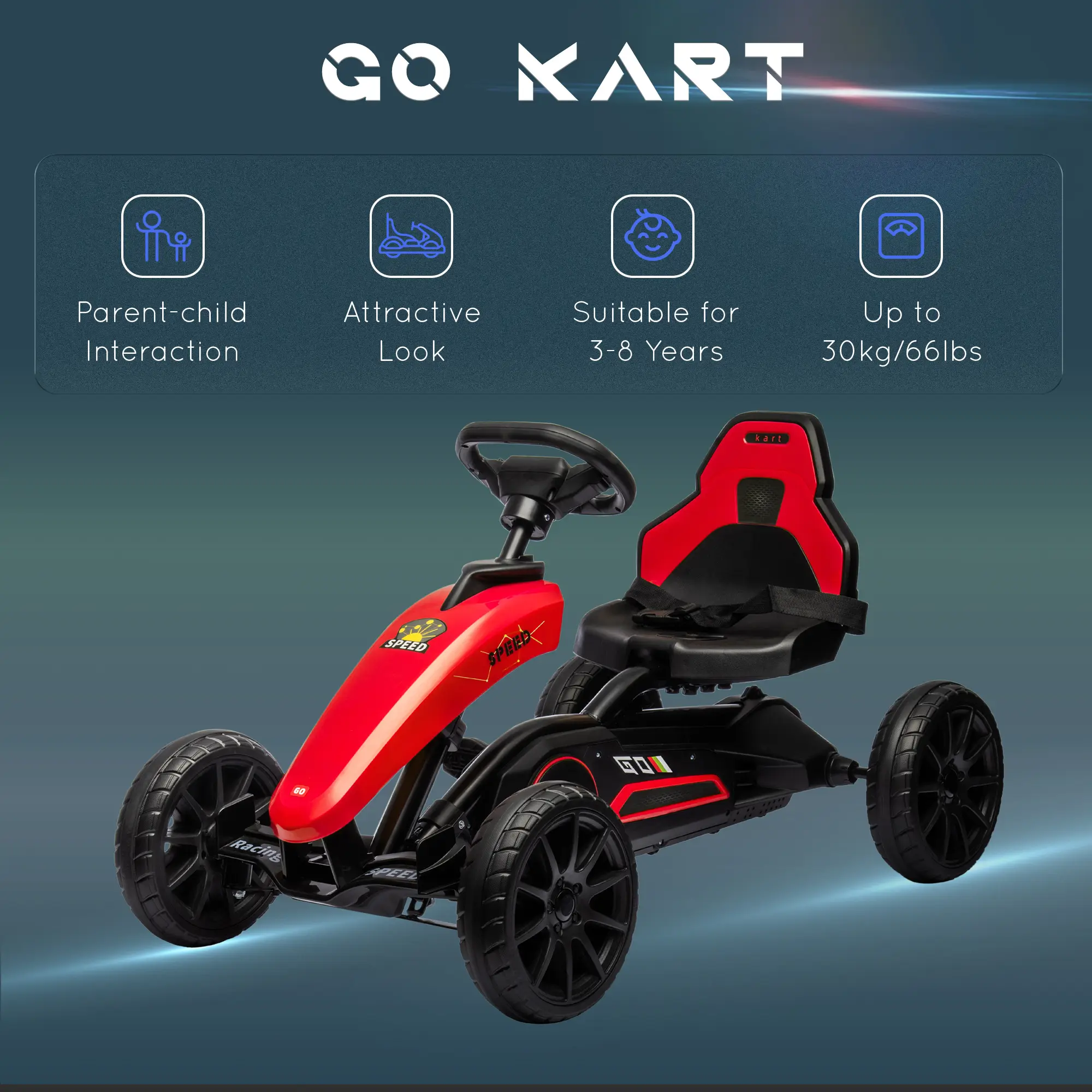 Kids Pedal Go Kart w/ Swing Axle, Shock-Absorbing Wheels, Red