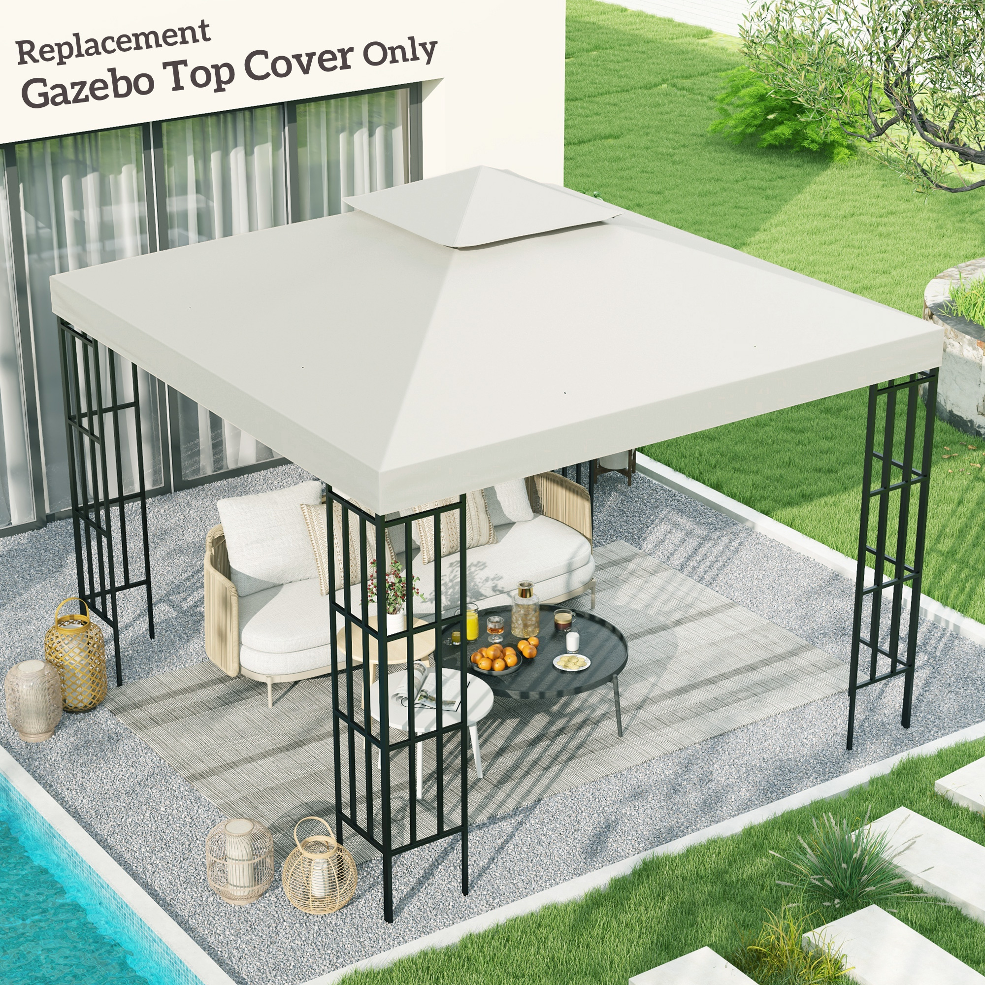 10 x 10 Gazebo Replacement Canopy 2 Tier Top UV Cover Pavilion Garden Patio Outdoor Cream White (TOP ONLY)