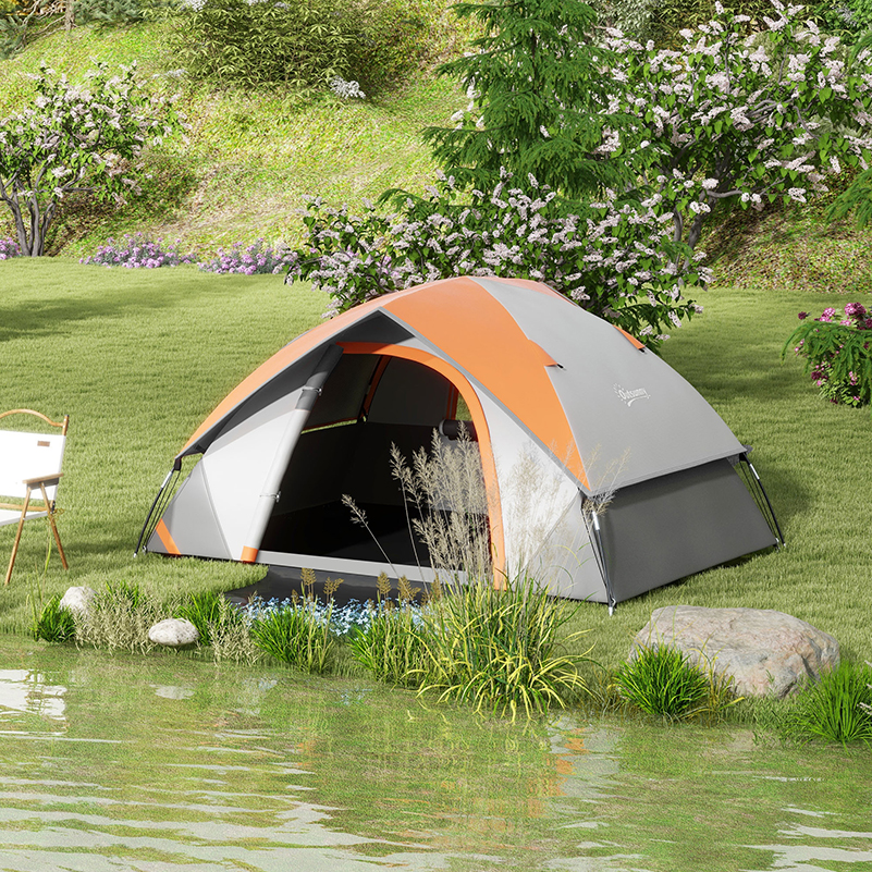 Two Man Single Room Dome Tent, With Accessories - Orange/Grey