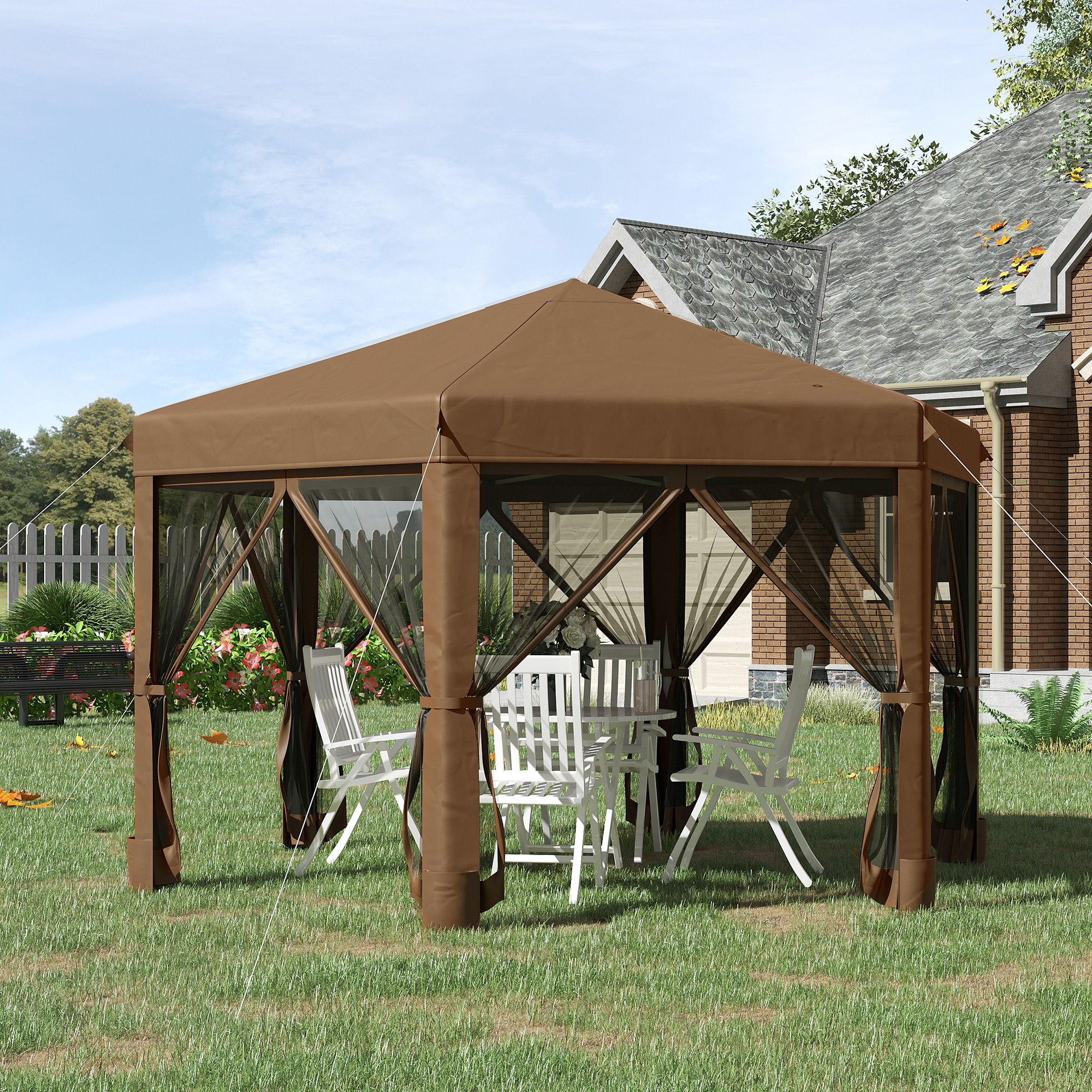 13 x 11 Hexagonal Pop Up Gazebo, Heavy Duty Outdoor Canopy Tent with 6 Mesh Sidewall Netting, 3-Level Adjustable Height and Strong Steel Frame, Brown