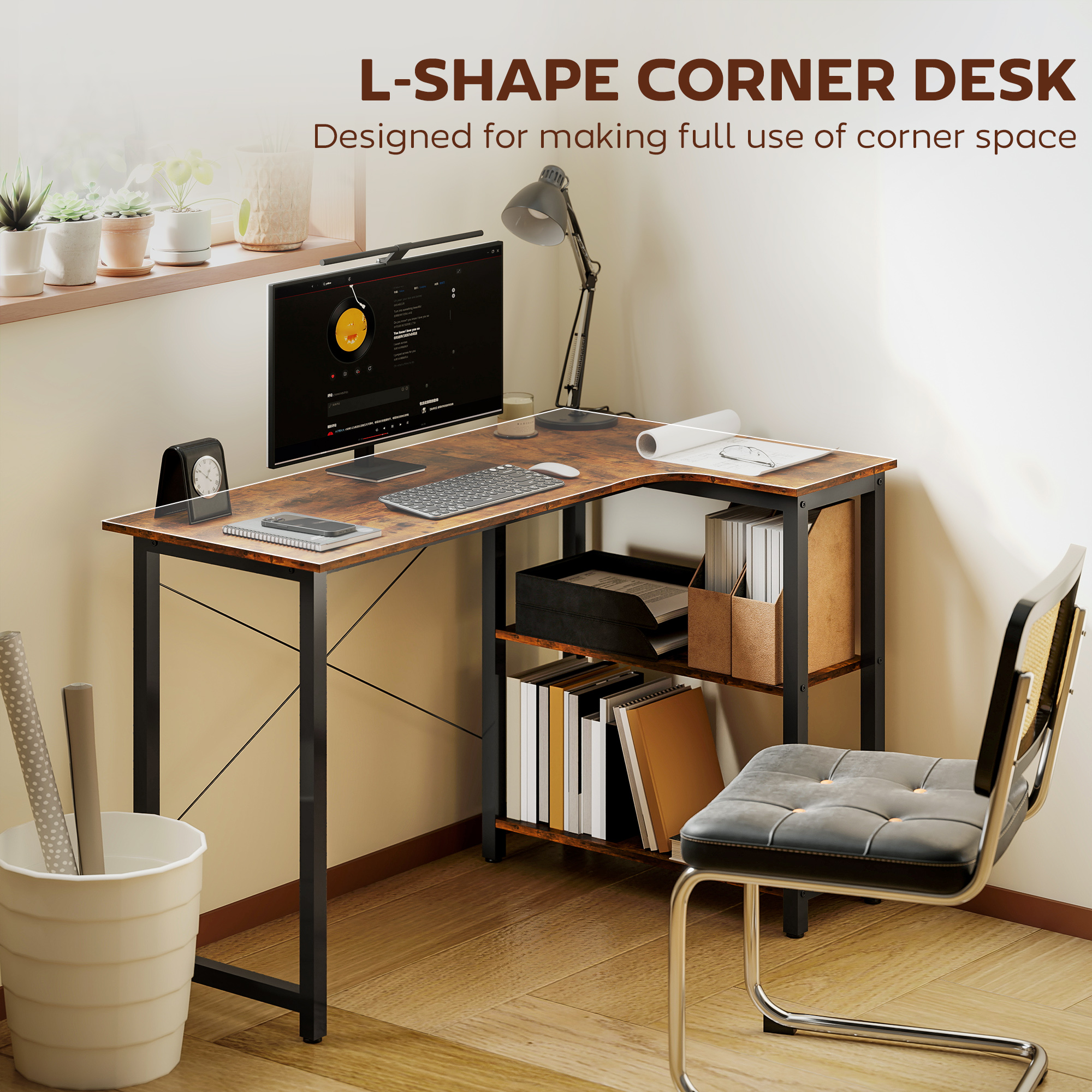 L Shaped Desk, Corner Computer With Bookshelf For Home Office, Study Room — image 3
