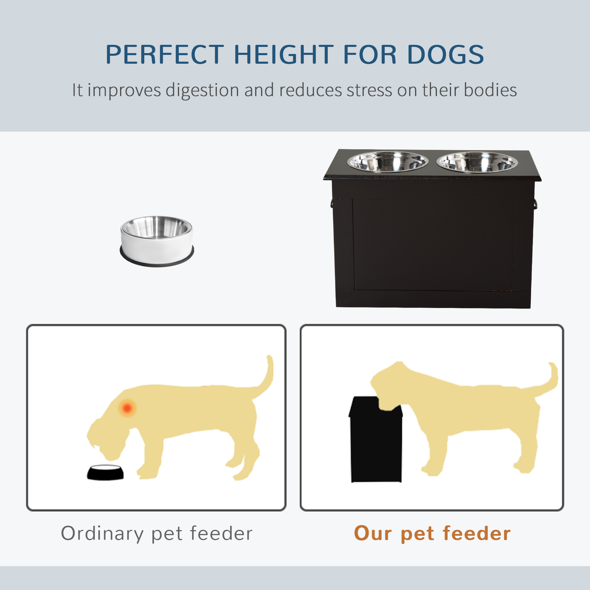  Raised Pet Feeding Storage Station with 2 Stainless Steel Bowls Base for Large Dogs and Other Large Pets, Coffee