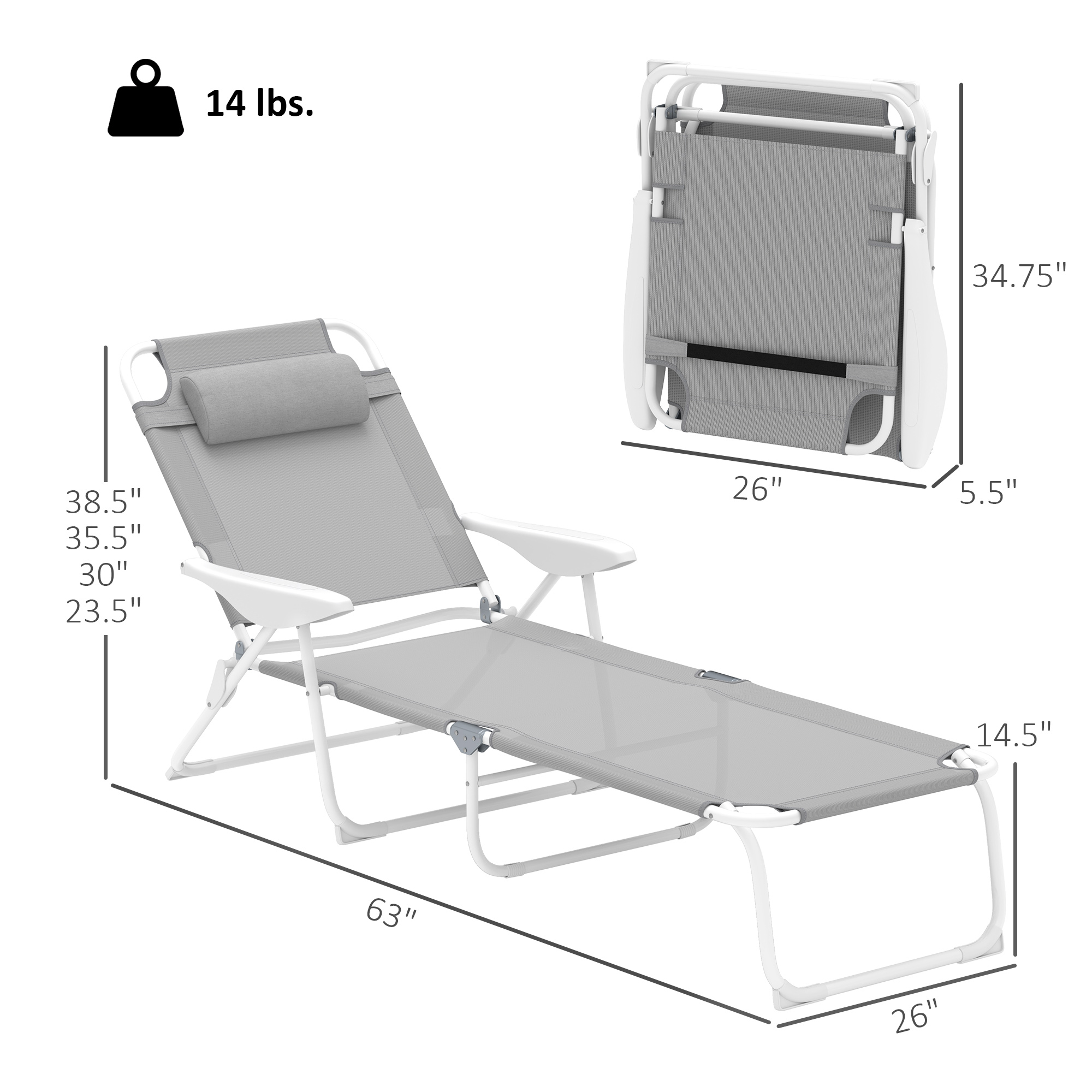  Folding Chaise Lounge, Outdoor Sun Tanning Chair, 4-Position Reclining Back, Armrests, Removable Pillow, Light Gray