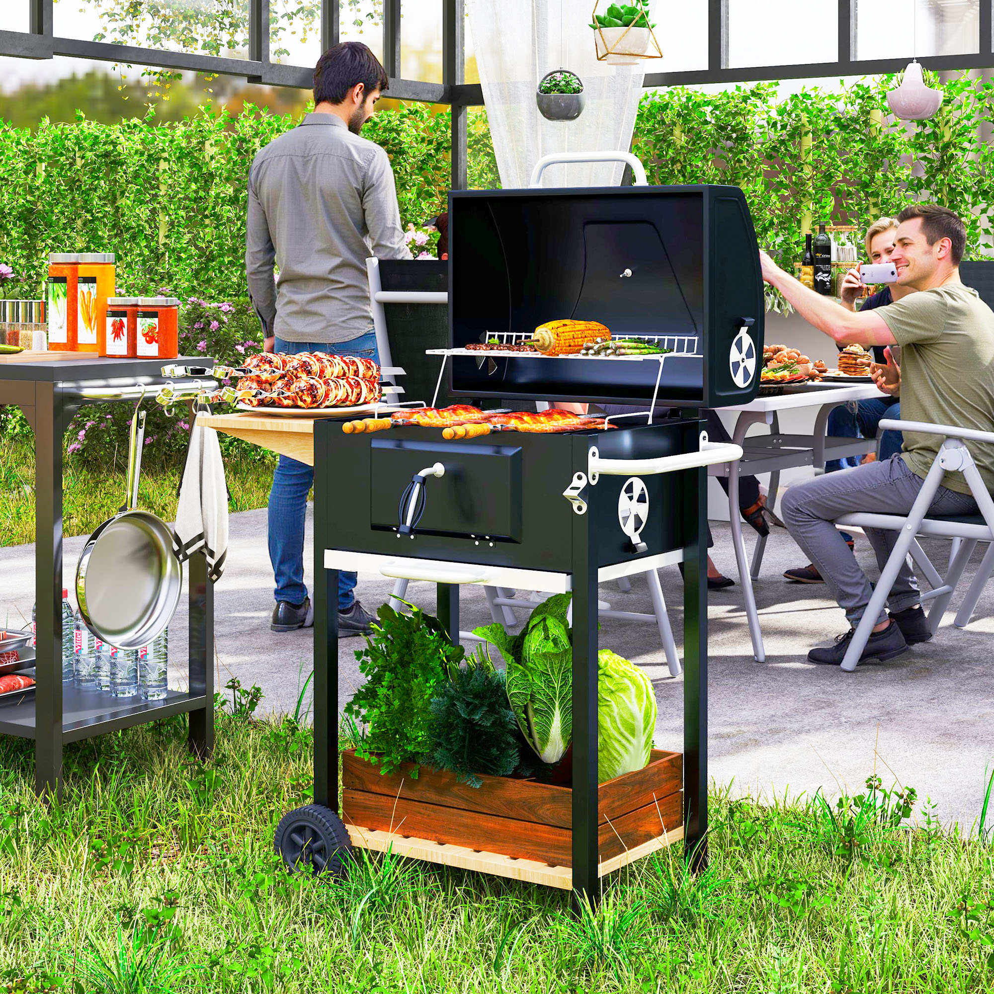 Charcoal BBQ Grill, Outdoor Portable Cooker for Camping or Backyard Picnic, Barbecue Grill with Side Table, Bottom Storage Shelf, Wheels and Handle, Black
