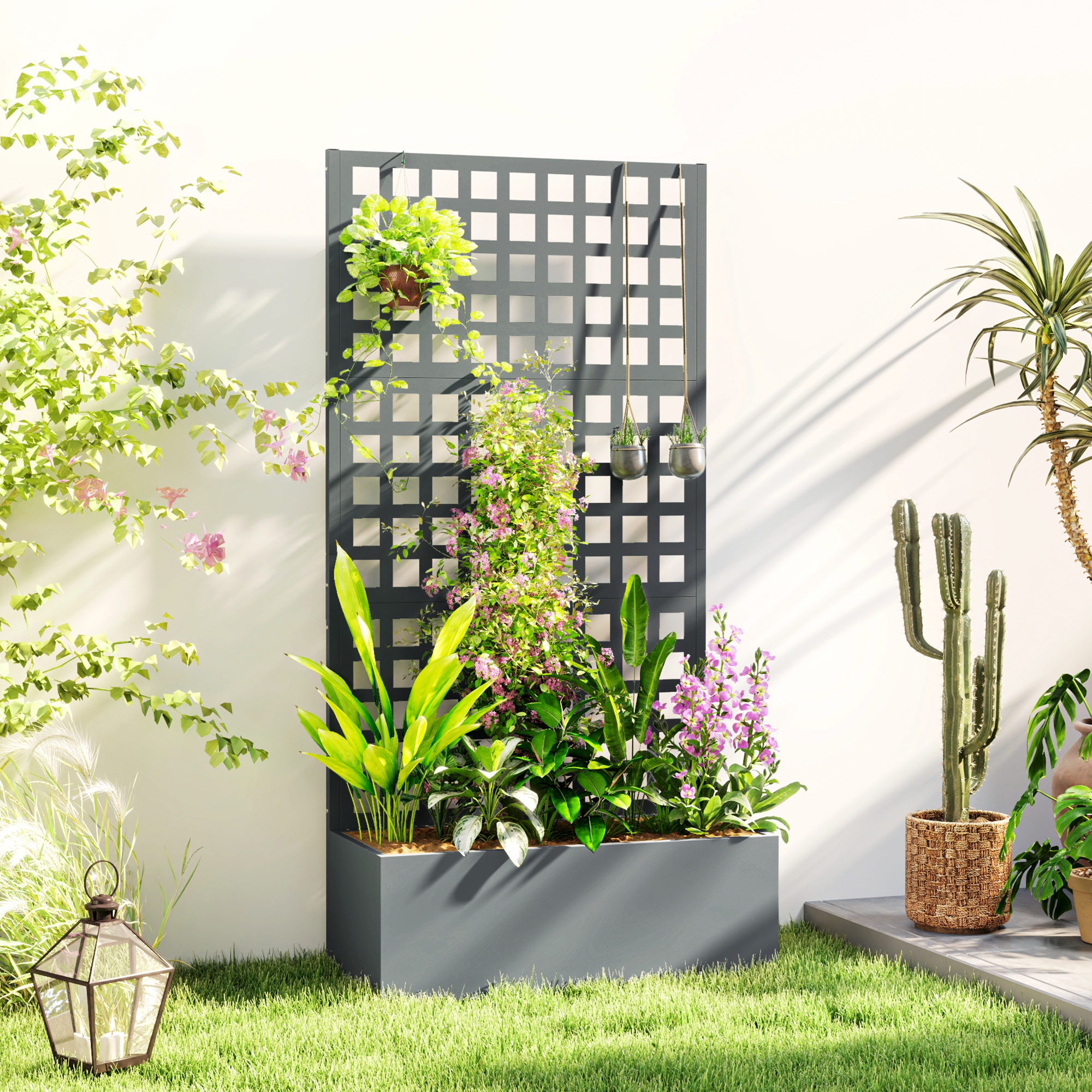 Galvanized Raised Garden Bed Planter Box with Trellis for Climbing Plants, Vegetable, Vines, 35" x 16" x 70", Gray
