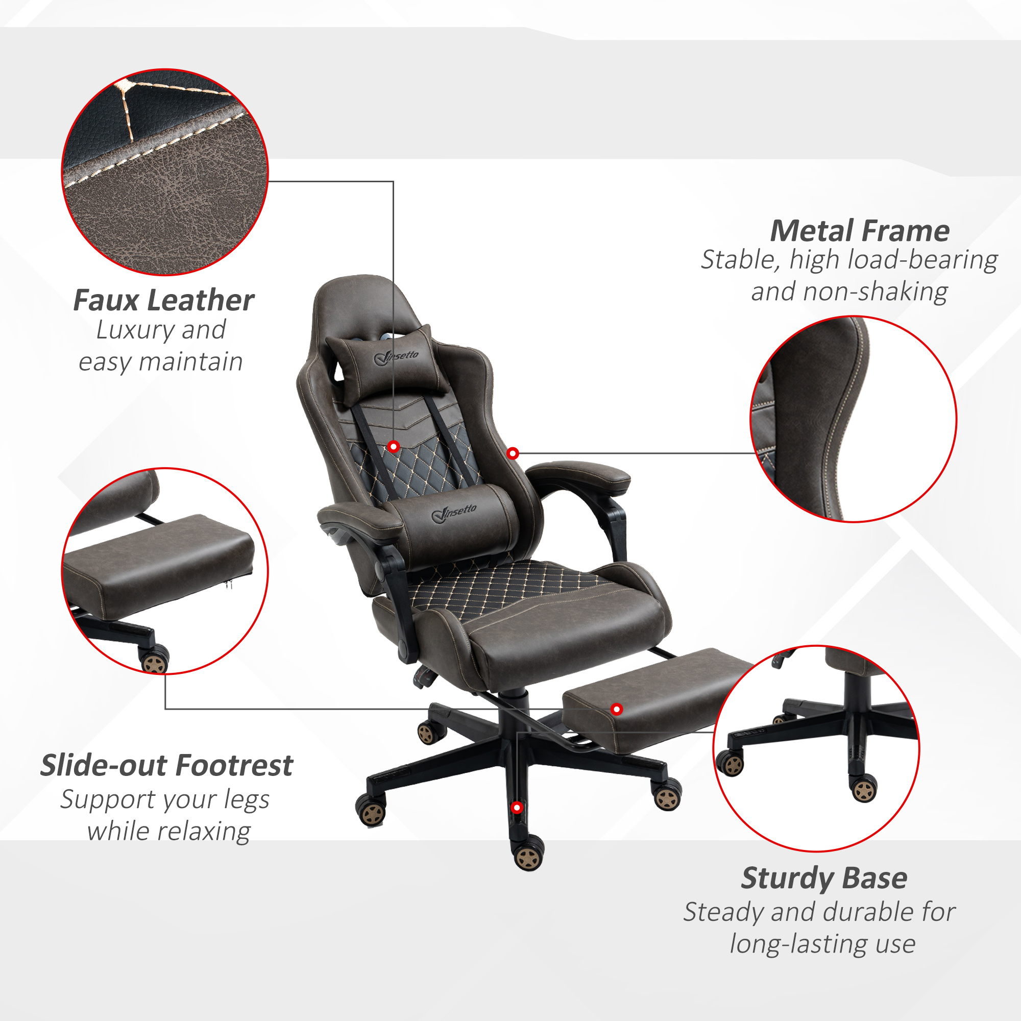 Racing Gaming Chair Diamond PU Leather Office Gamer Chair High Back Swivel Recliner with Footrest, Lumbar Support, Adjustable Height, Brown 7