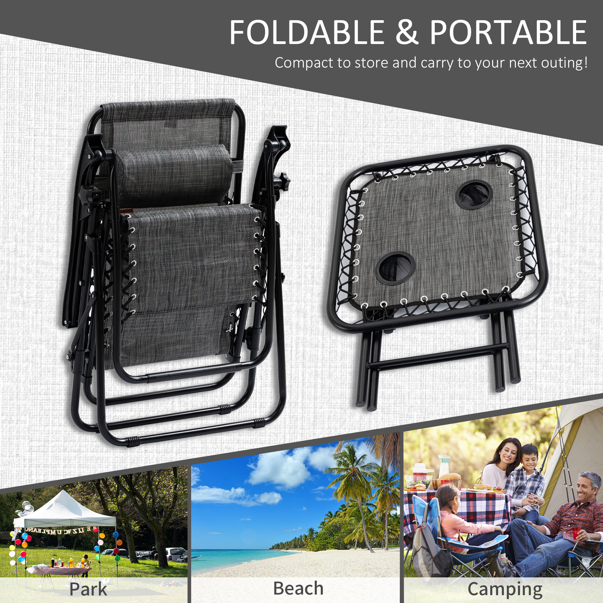  Zero Gravity Chair Set with Side Table, Folding Reclining Chair with Cupholders & Pillows, Adjustable Lounge Chairs for Pool, Backyard, Lawn, Beach, Gray