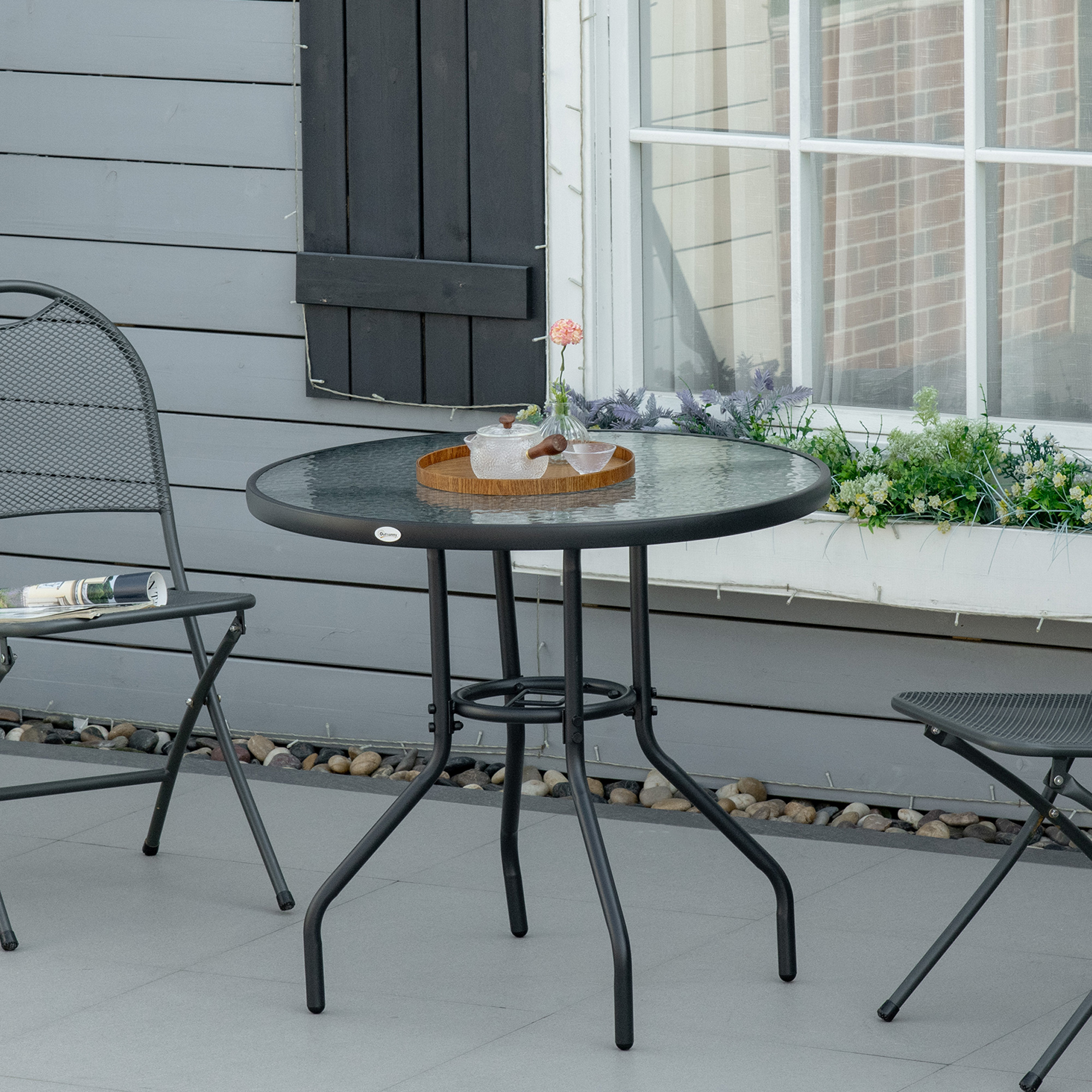 Outdoor 80cm Round Dining Table Tempered Glass Top Steel Frame Bistro Coffee — image 3