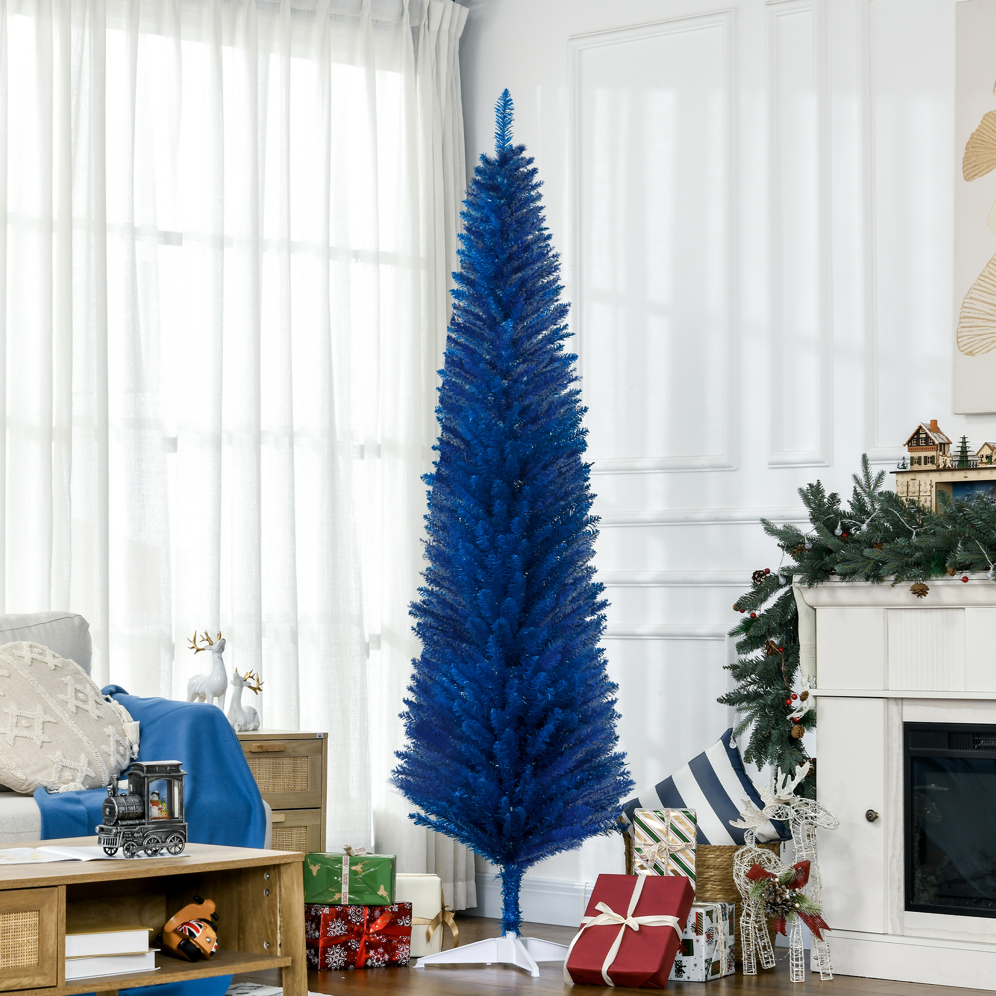 7FT Decorated Christmas Tree, Pencil Christmas Tree with 499 Realistic Branch Tips and Plastic Stand, Blue