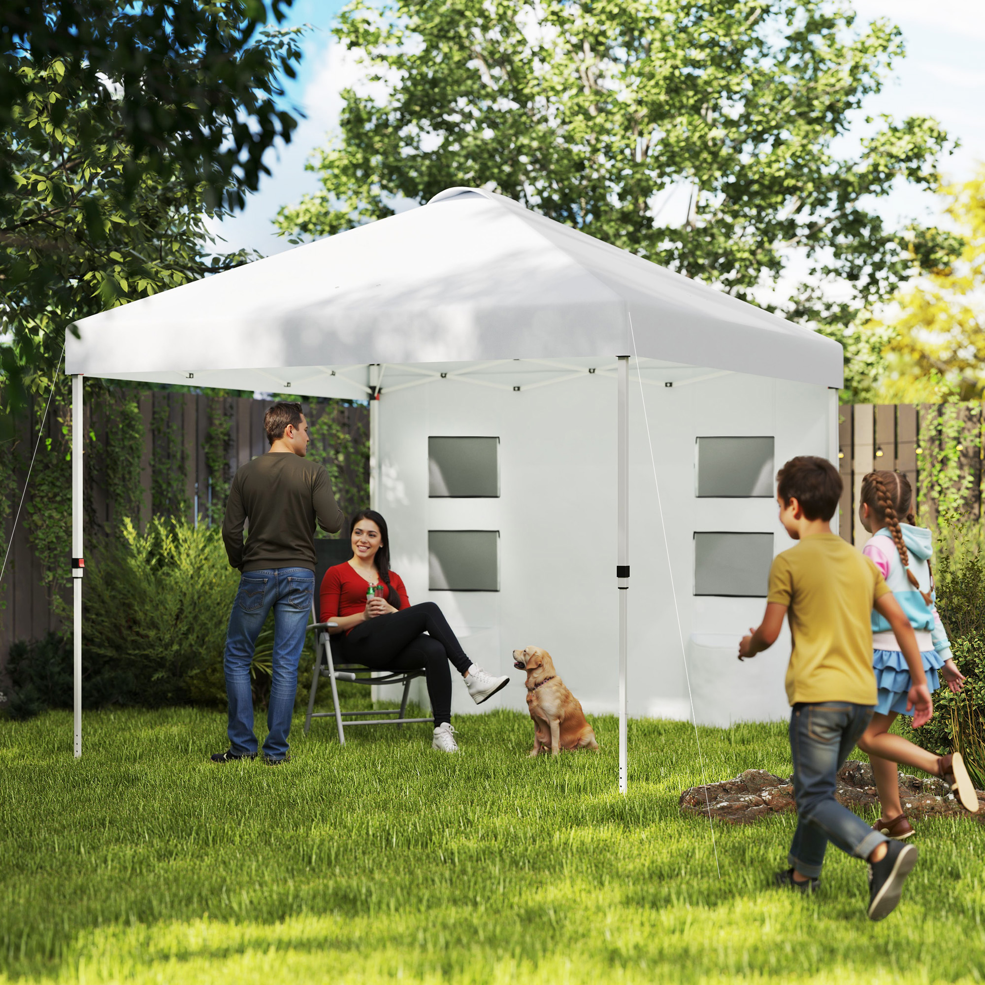 10 x 10 Pop Up Canopy Tent w/ Sidewall, UPF50+ Height Adjustable Instant Sun Shelter w/ Storage Pockets, White