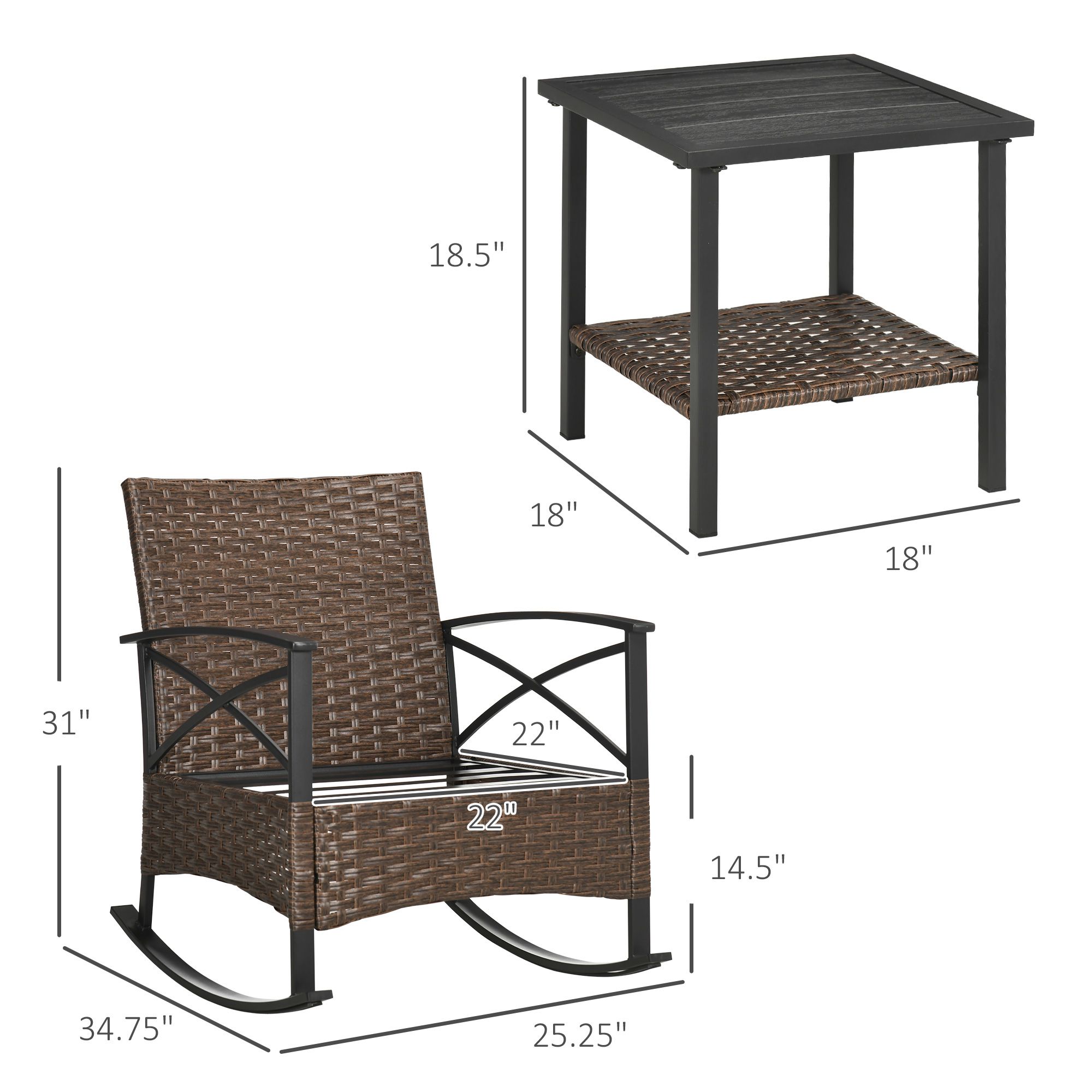 3 Piece Patio Rocking Chair Set, Outdoor Wicker Bistro Set with 2 Oversize Cushioned Porch Rockers and 2 Tier Coffee Table for Garden, Porch, Backyard, Blue