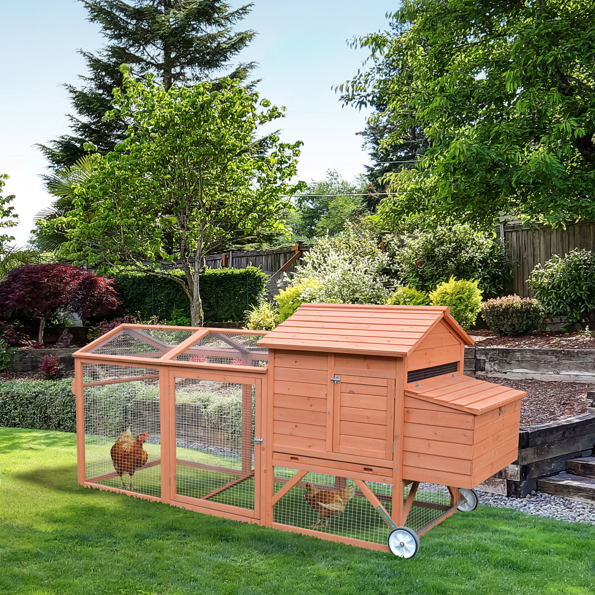  96.5" Chicken Coop Wooden Hen House Poultry Cage Pen Portable with Wheels and Nesting Box, Chicken Cage for Backyard Outdoor, Natural