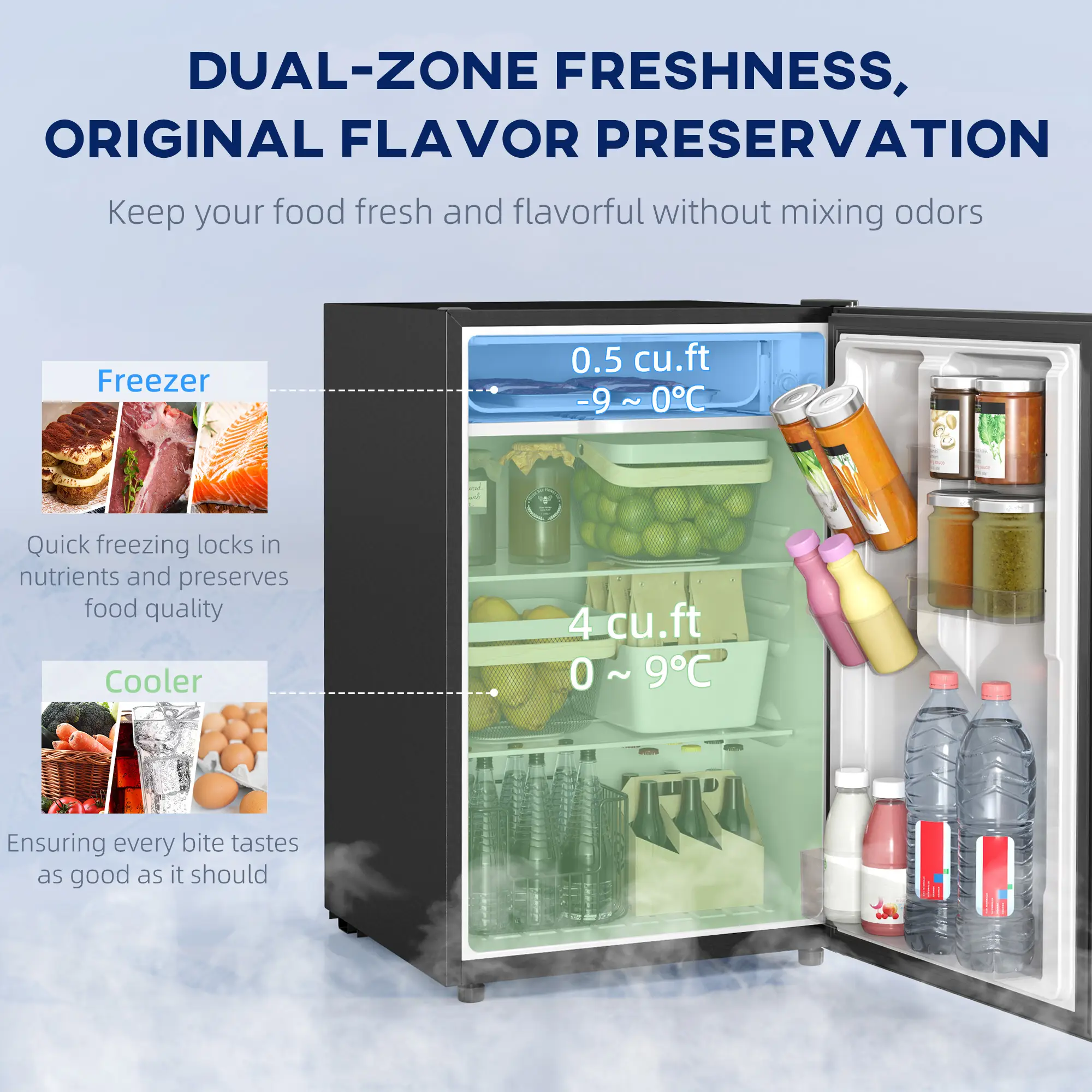 4.5 Cu.Ft Mini Fridge, Single Door Refrigerator with Freezer, Wheels, Adjustable Thermostat, Reversible Door, Black