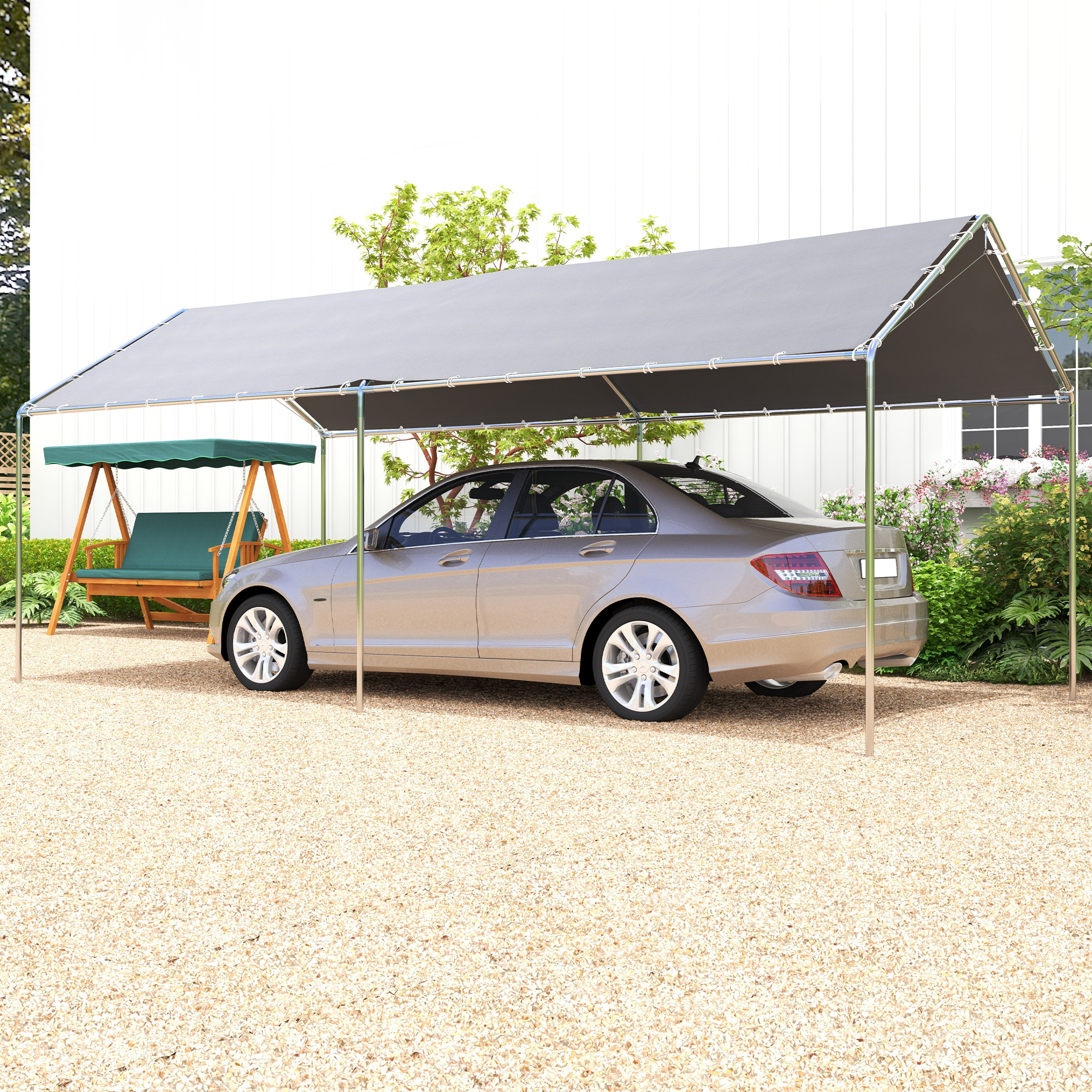 9.6 x 19.5 Carport Heavy Duty Galvanized Car Canopy w/ Included Anchor Kit, 3 Reinforced Steel Cables, Gray