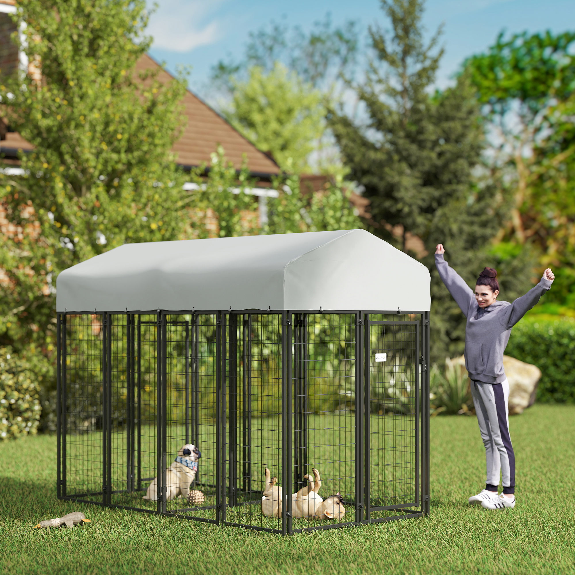  Outdoor Dog Kennel with Two-Room Design, Water-Resistant & Sun-Proof Cover, for S, M, L Dogs, 8' x 4' x 6' - Image 1