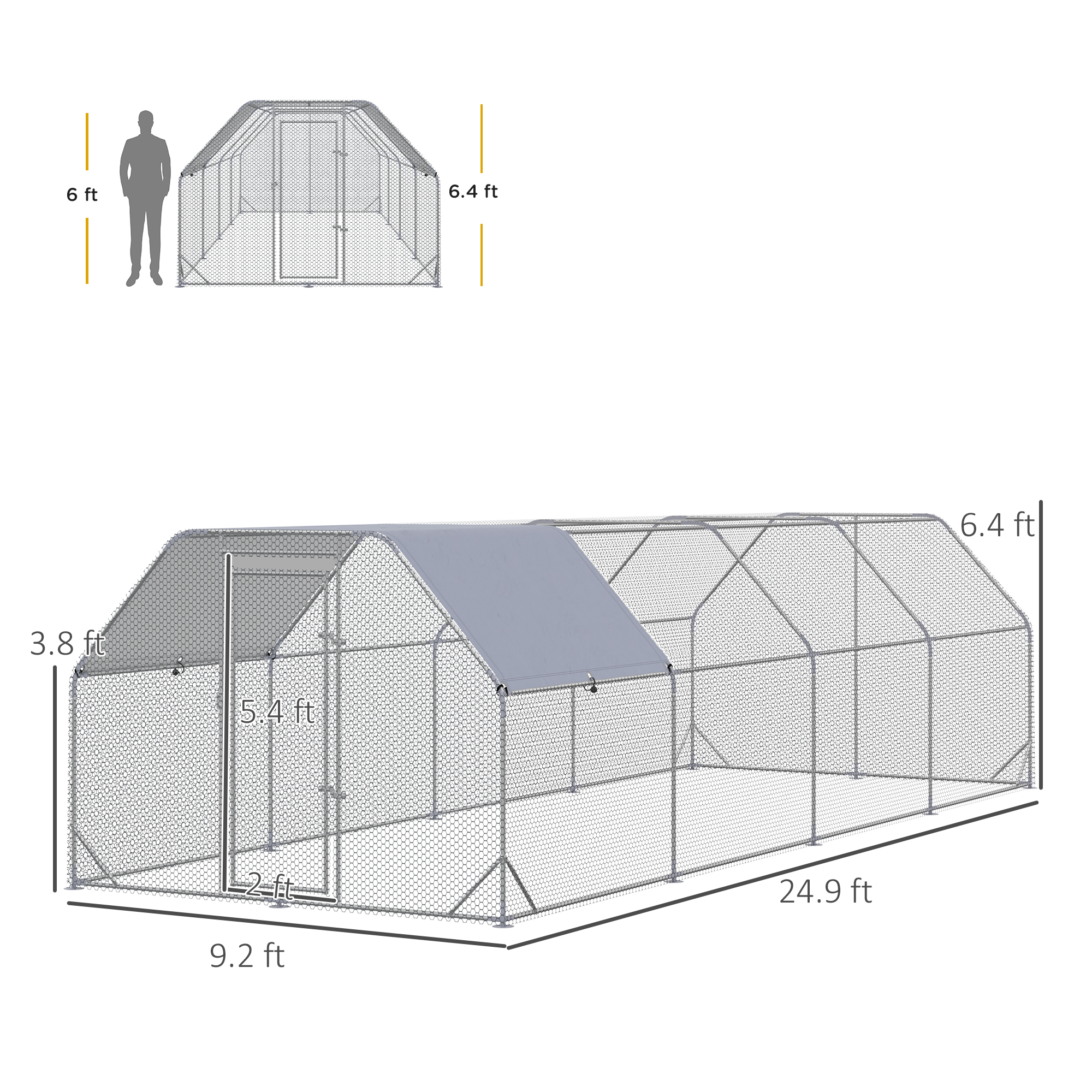  Large Chicken Coop Metal Chicken Run with Waterproof and Anti-UV Cover, Flat Shaped Walk in Fence Cage Hen House for Outdoor and Yard Farm Use, 1" Tube Diameter, 9.2' x 24.9' x 6.4'