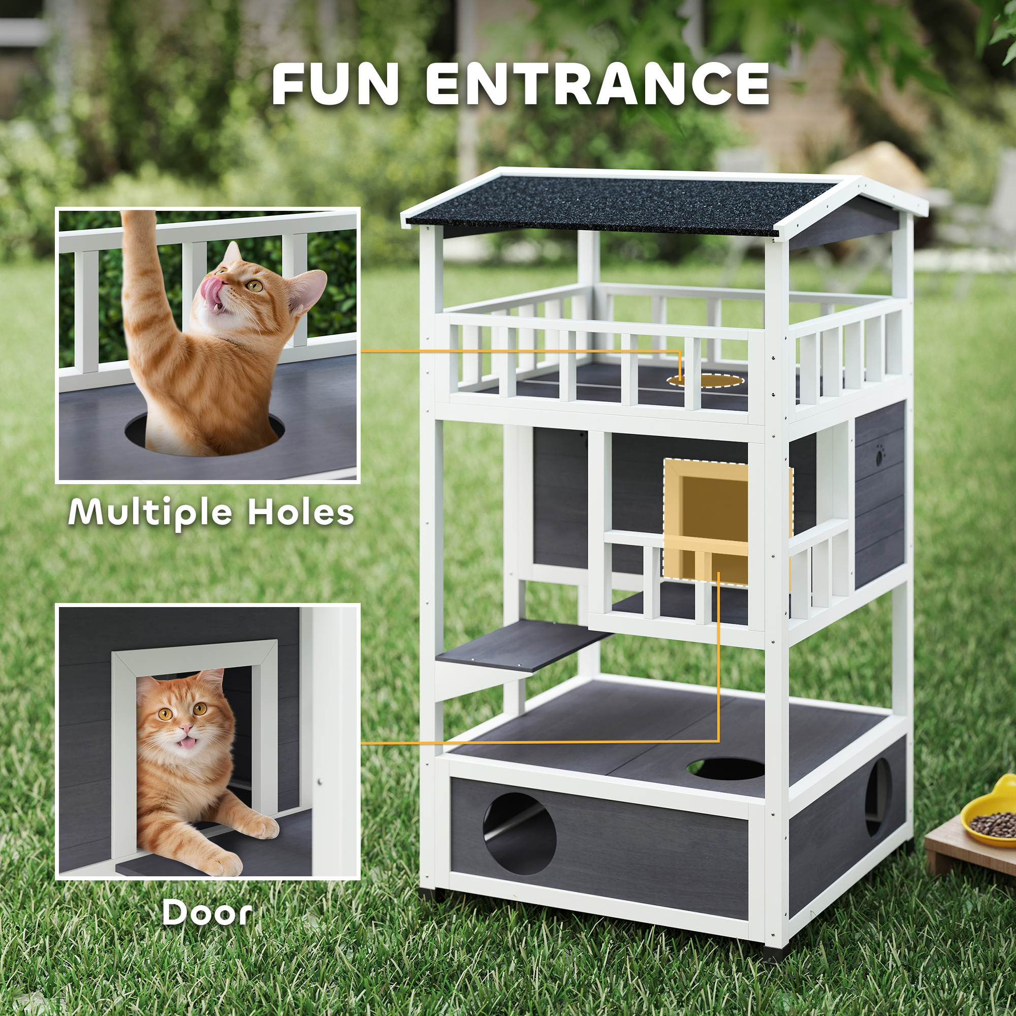  Wooden Outdoor Cat House, Feral Cat Shelter Kitten Condo with Asphalt Roof, Escape Doors, Condo, Jumping Platform, Gray
