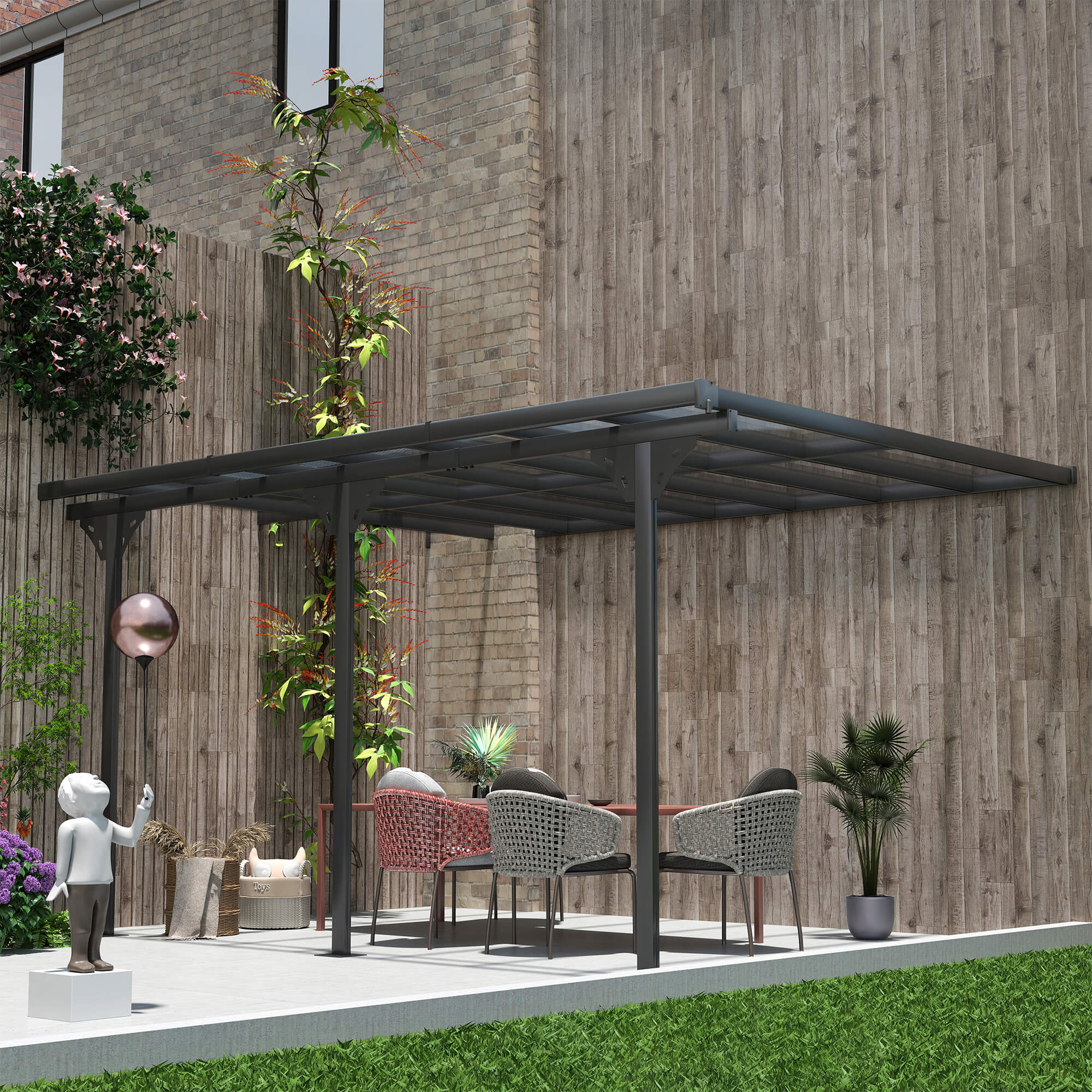 14.5 x 10 Aluminum Polycarbonate Pergola with UV Blocking for Outdoor Wall-Mounted Use, Family Shade, Gray